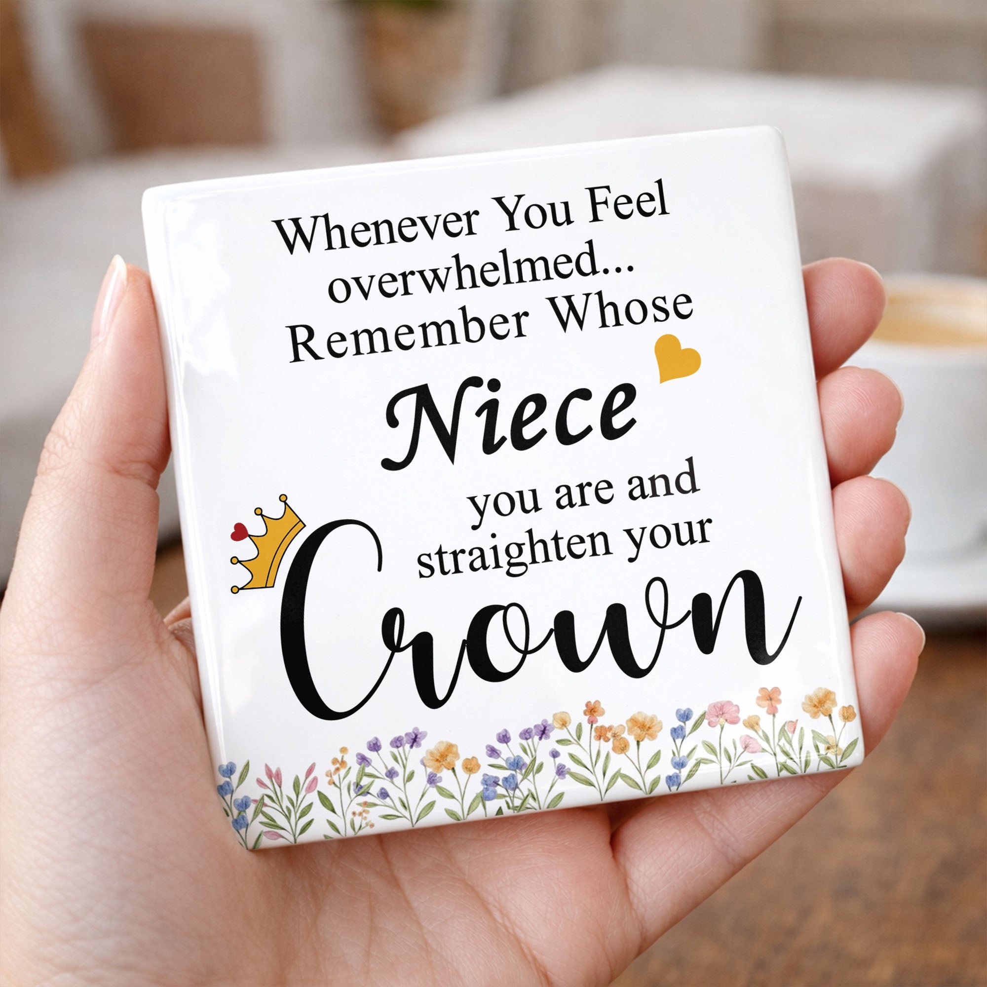 Personalized Ceramic Coaster Custom Niece Gift Crown Flowers