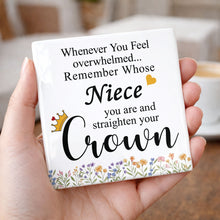 Load image into Gallery viewer, Personalized Ceramic Coaster Custom Niece Gift Crown Flowers

