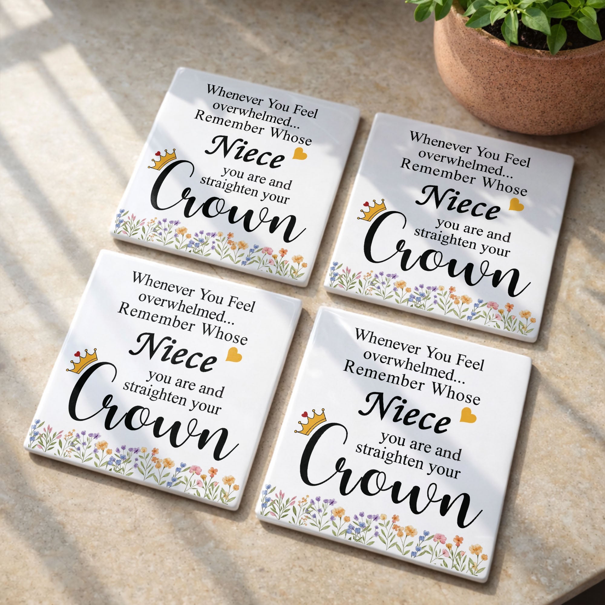 Personalized Ceramic Coaster Custom Niece Gift Crown Flowers
