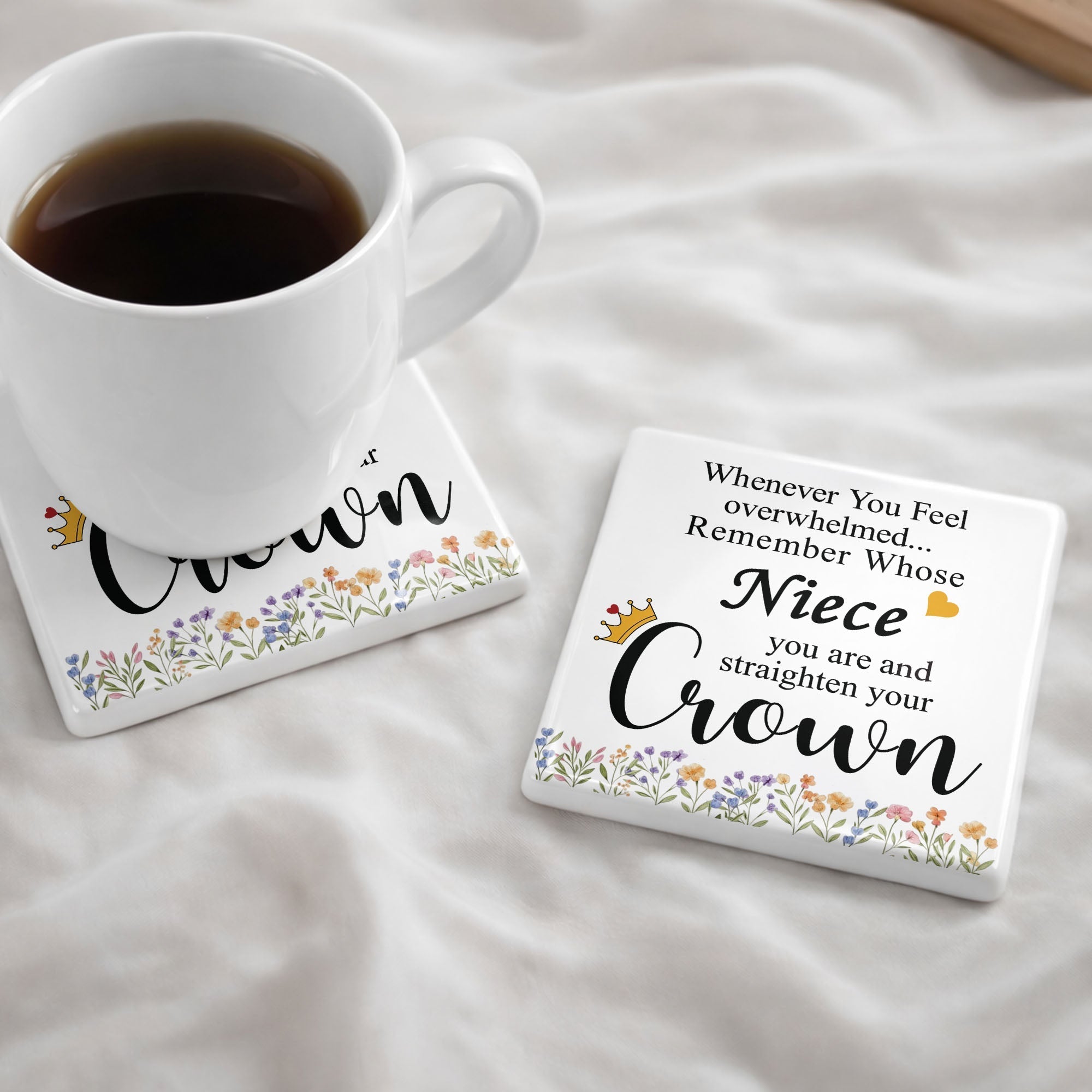 Personalized Ceramic Coaster Custom Niece Gift Crown Flowers