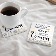 Load image into Gallery viewer, Personalized Ceramic Coaster Custom Niece Gift Crown Flowers
