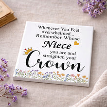 Load image into Gallery viewer, Personalized Ceramic Coaster Custom Niece Gift Crown Flowers
