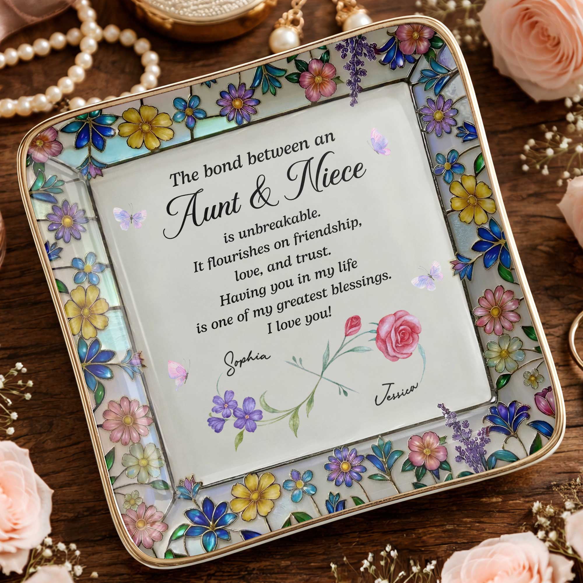 Personalized Ceramic Jewelry Dish with Birth Month Flowers for Niece