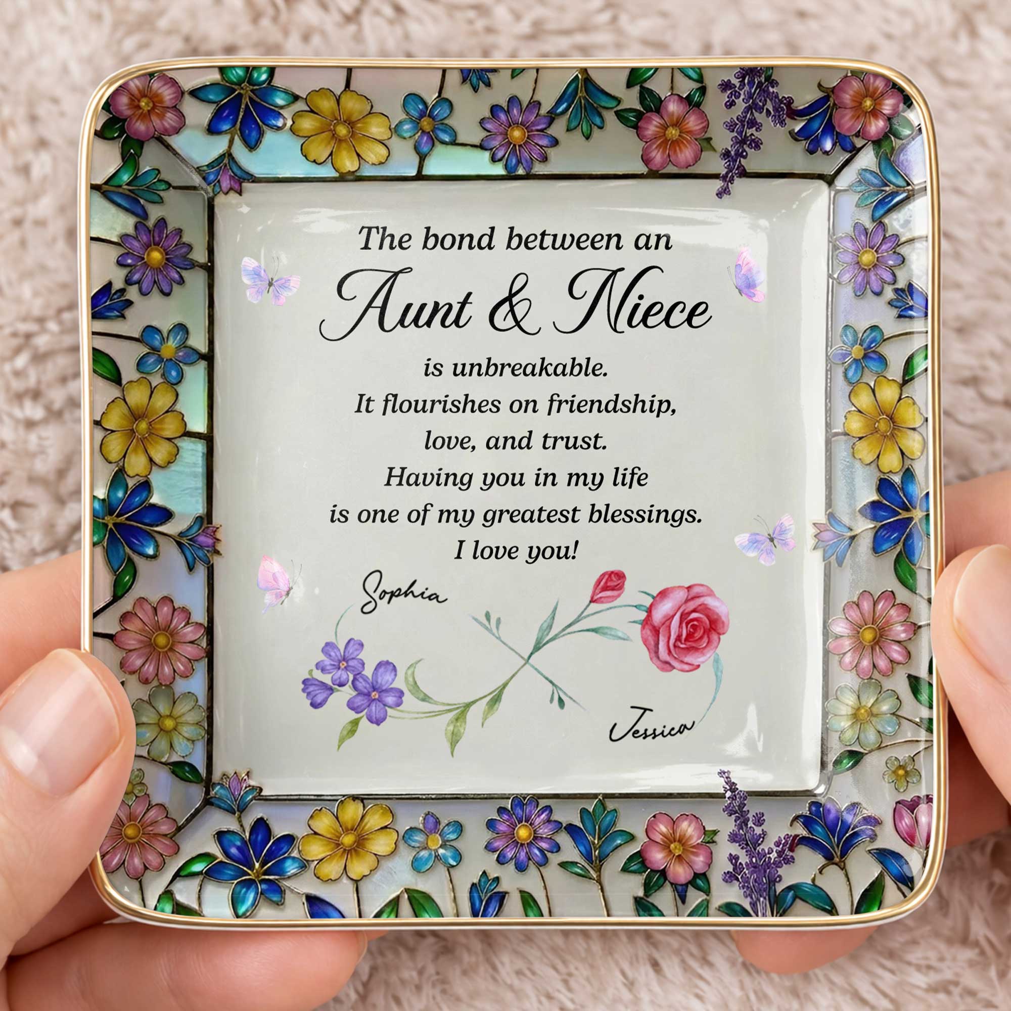 Personalized Ceramic Jewelry Dish with Birth Month Flowers for Niece