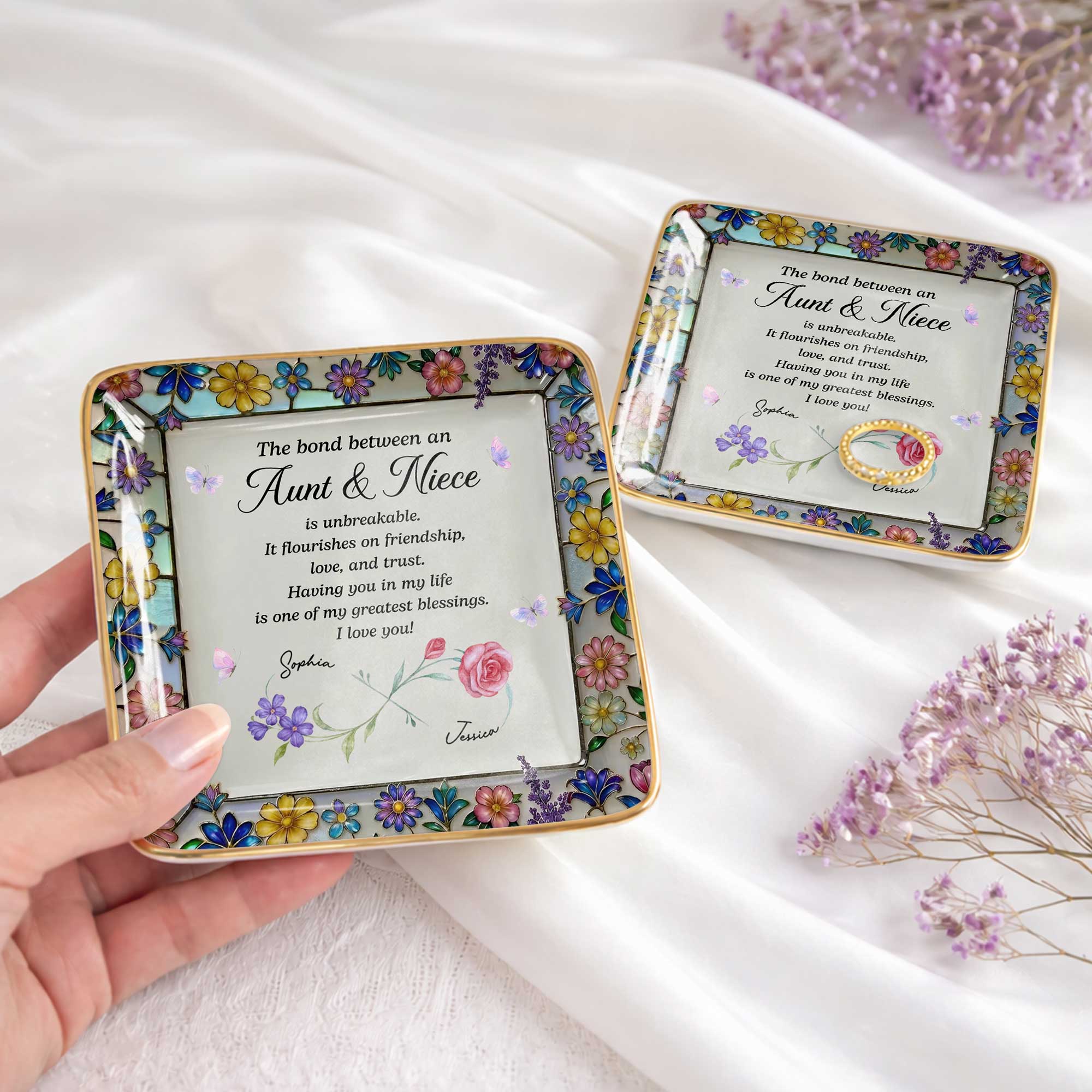 Personalized Ceramic Jewelry Dish with Birth Month Flowers for Niece