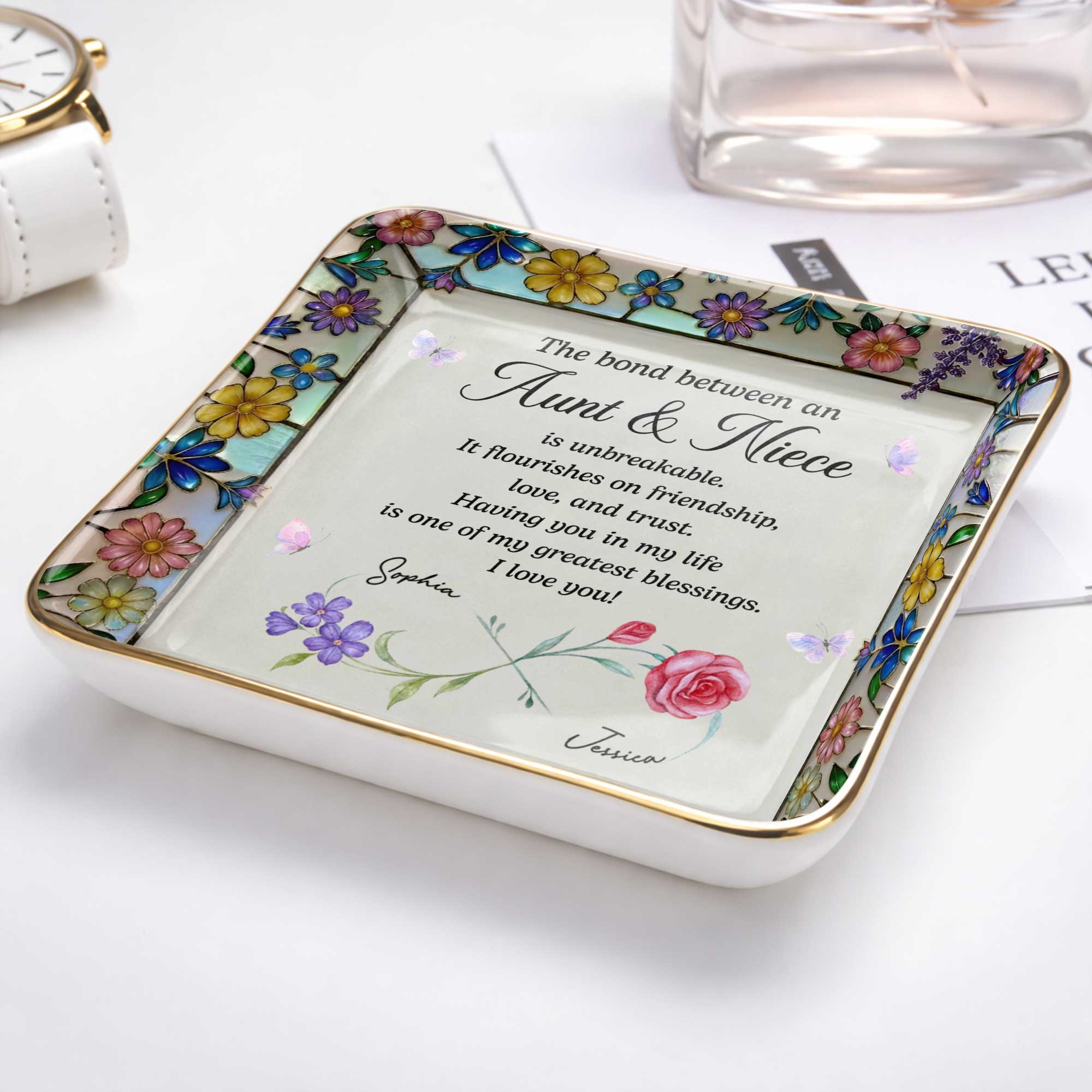 Personalized Ceramic Jewelry Dish with Birth Month Flowers for Niece