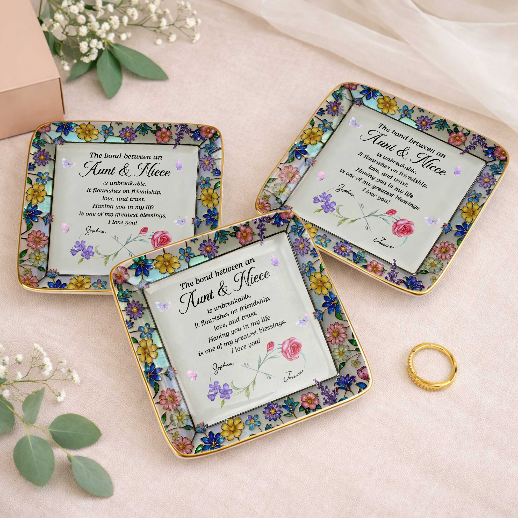 Personalized Ceramic Jewelry Dish with Birth Month Flowers for Niece