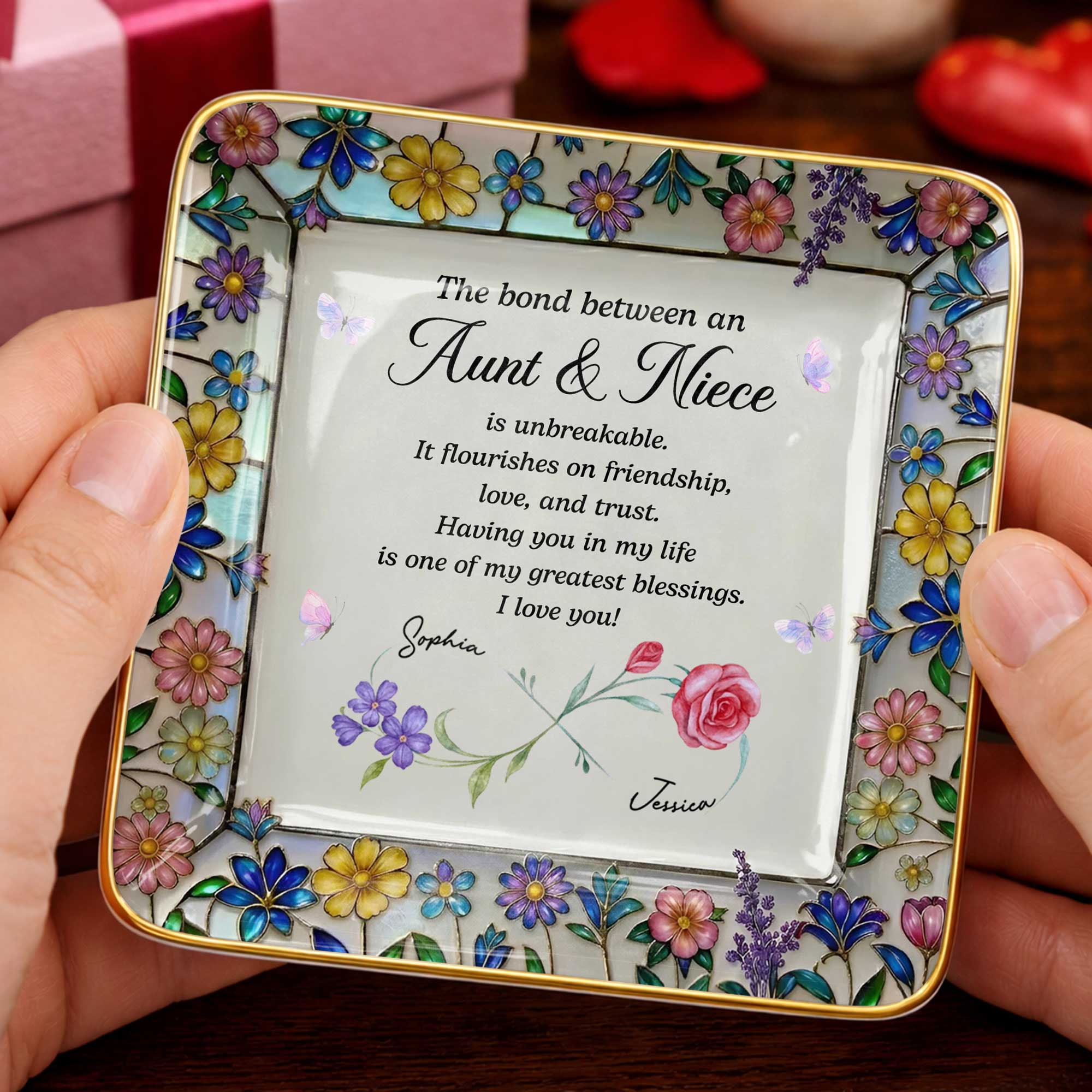 Personalized Ceramic Jewelry Dish with Birth Month Flowers for Niece