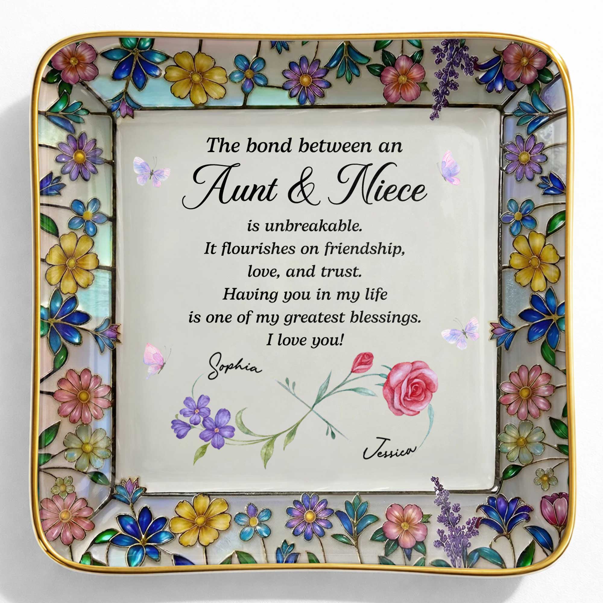 Personalized Ceramic Jewelry Dish with Birth Month Flowers for Niece