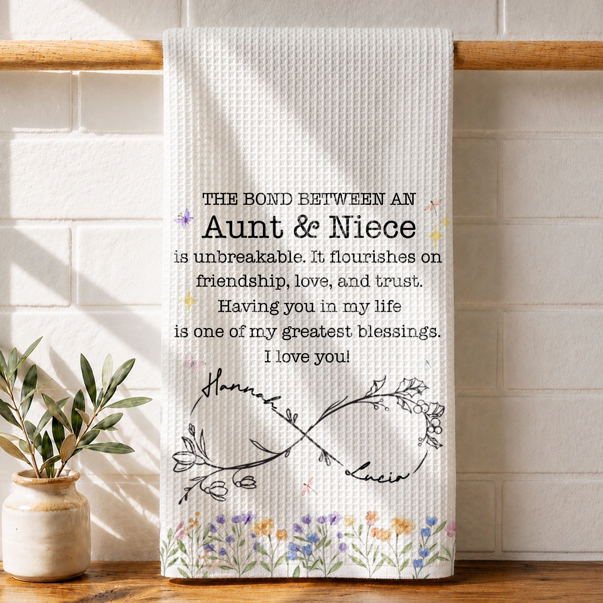 Personalized Kitchen Towel Birth Month Flowers Gift for Niece