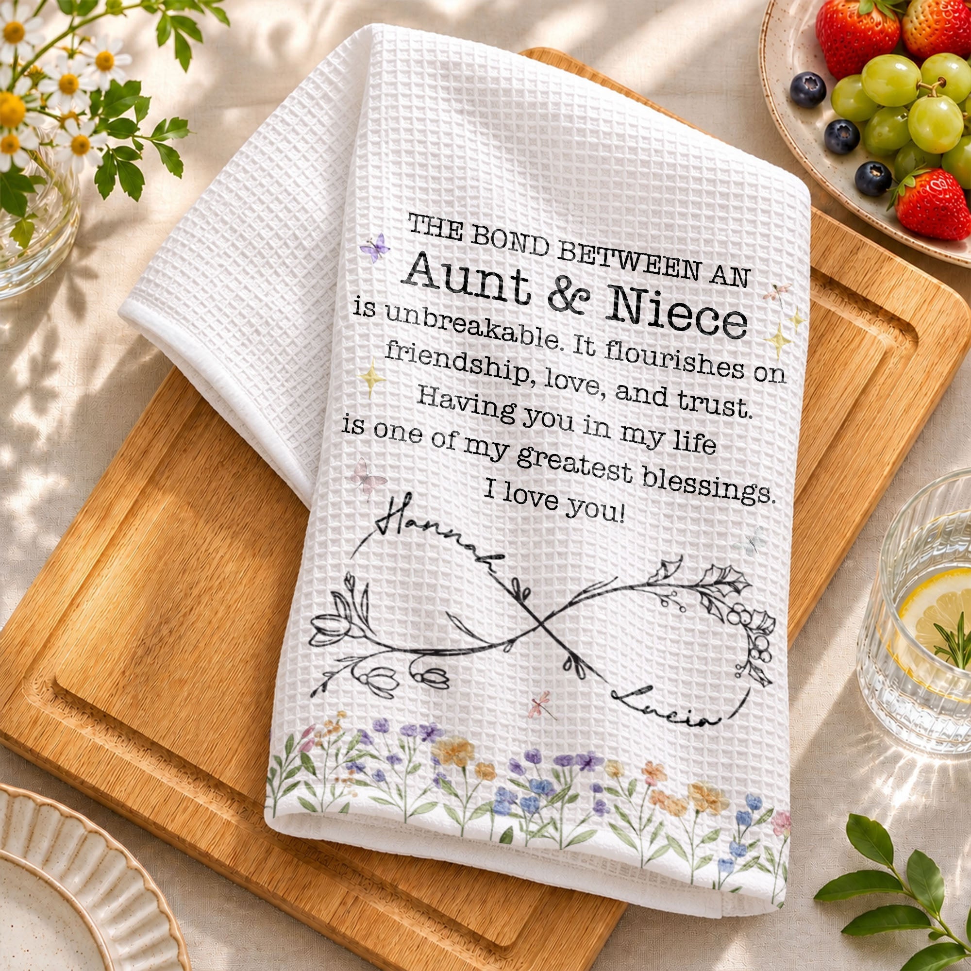 Personalized Kitchen Towel Birth Month Flowers Gift for Niece