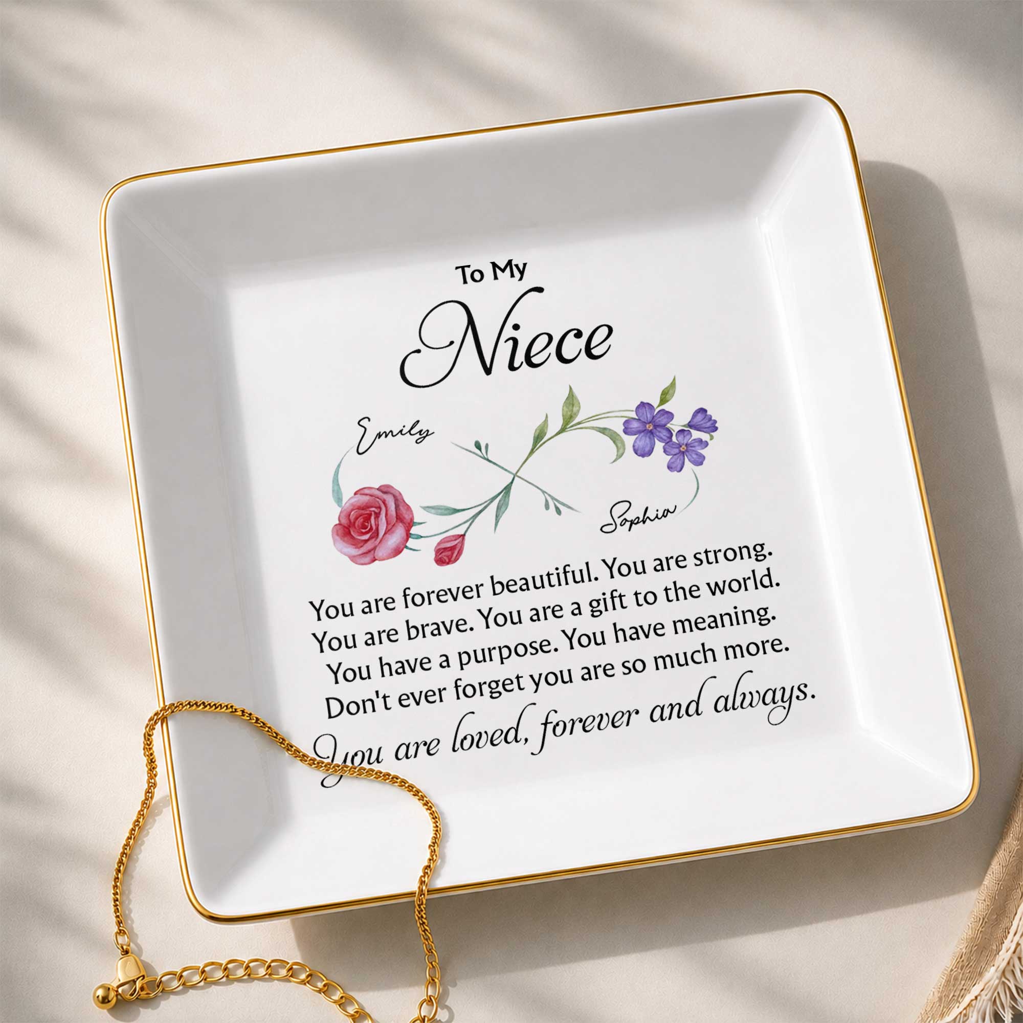 Personalized Jewelry Dish with Infinity Flowers Gift for Niece