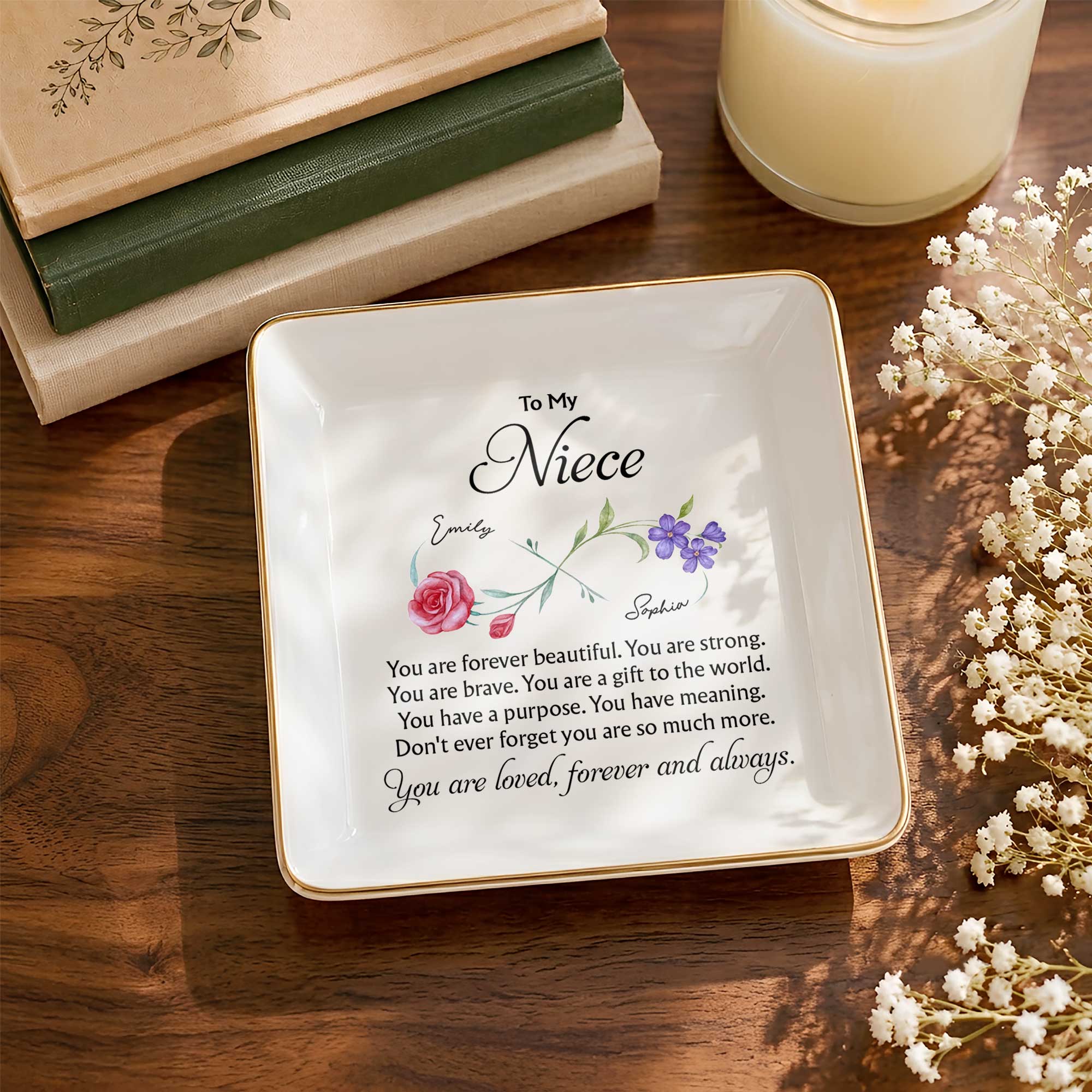 Personalized Jewelry Dish with Infinity Flowers Gift for Niece