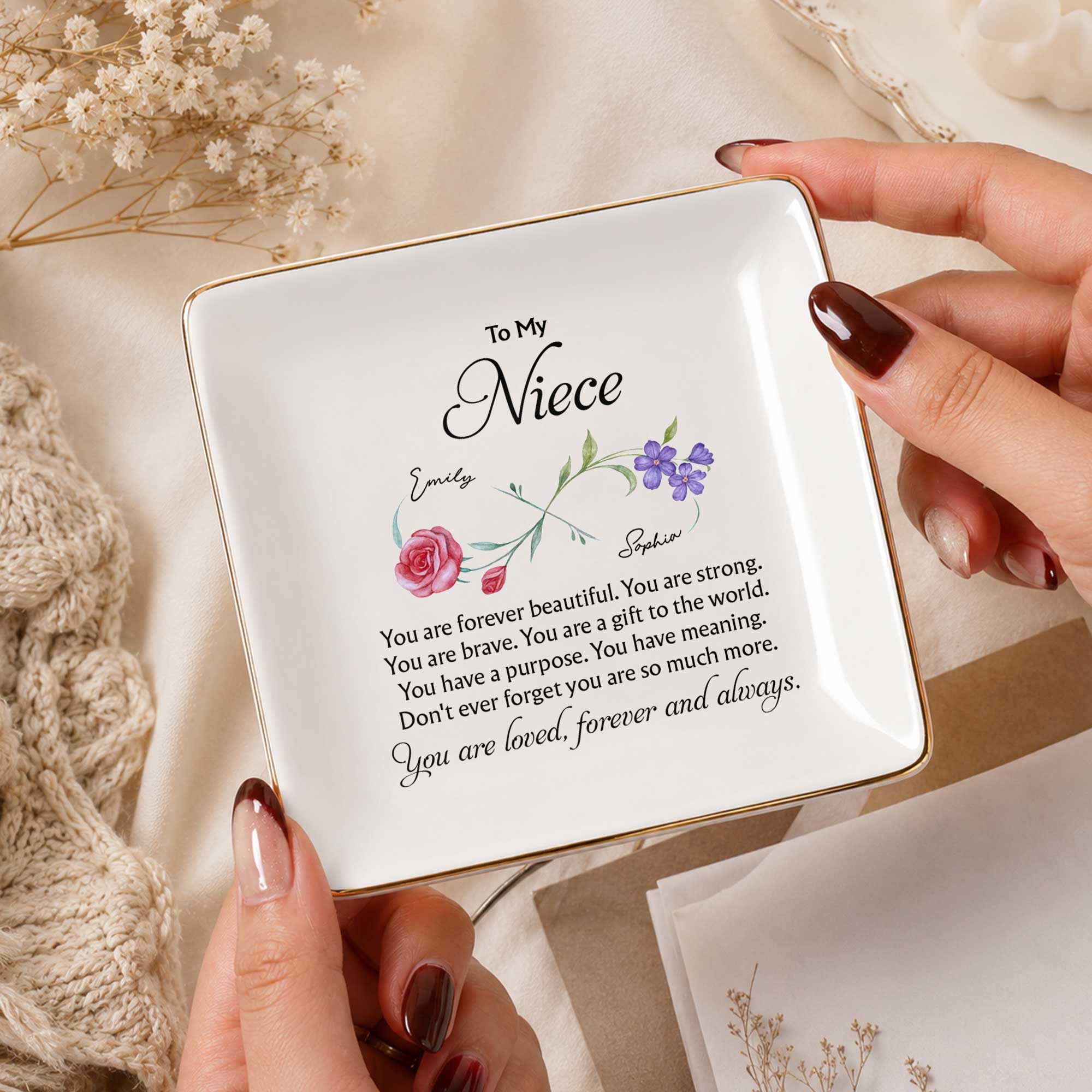 Personalized Jewelry Dish with Infinity Flowers Gift for Niece