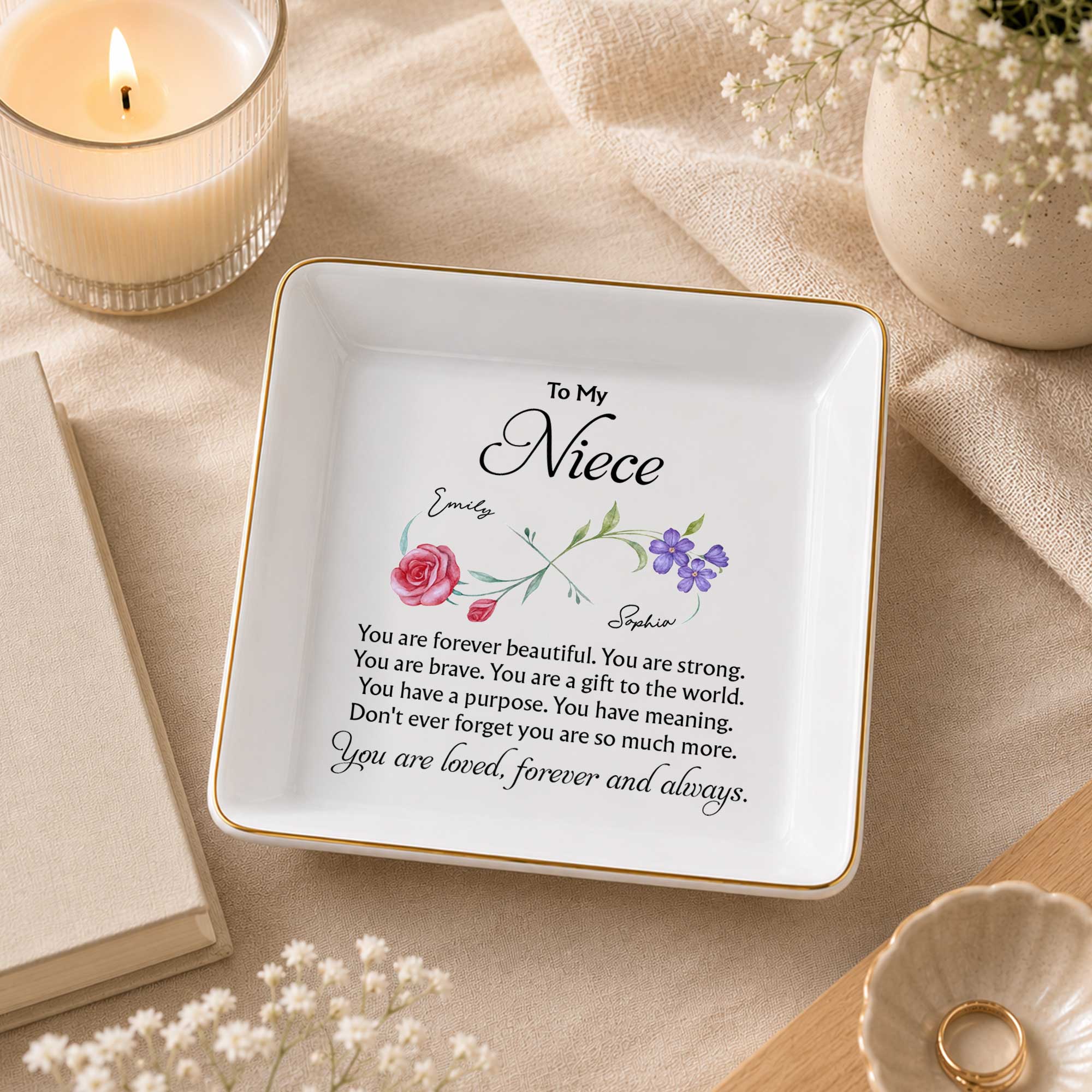 Personalized Jewelry Dish with Infinity Flowers Gift for Niece