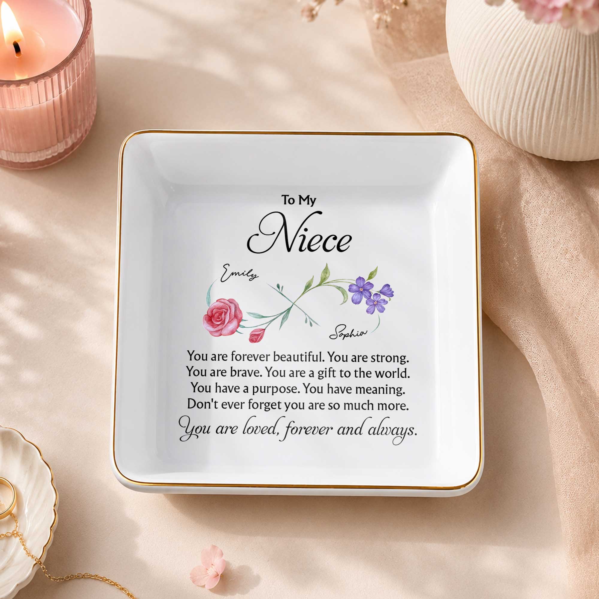 Personalized Jewelry Dish with Infinity Flowers Gift for Niece