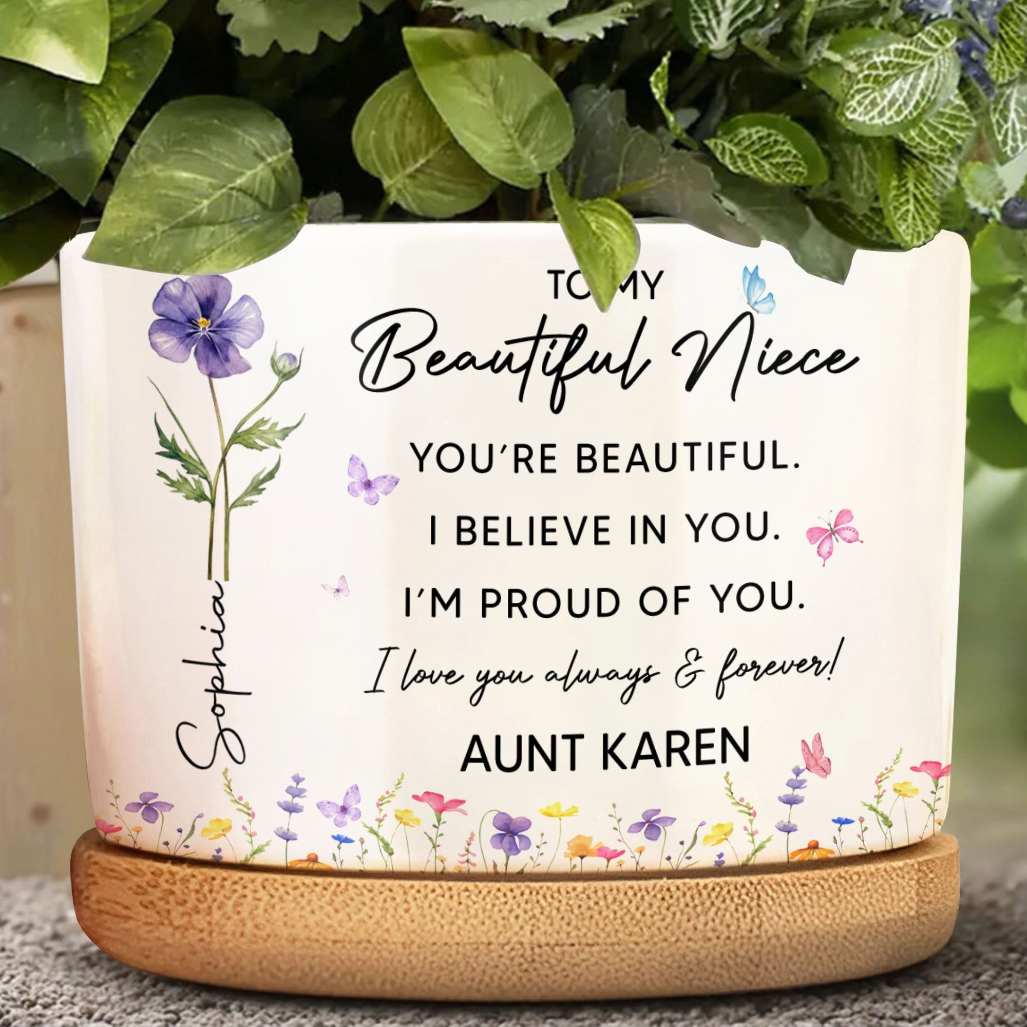 Personalized Ceramic Plant Pot Custom Birth Month Flowers for Niece