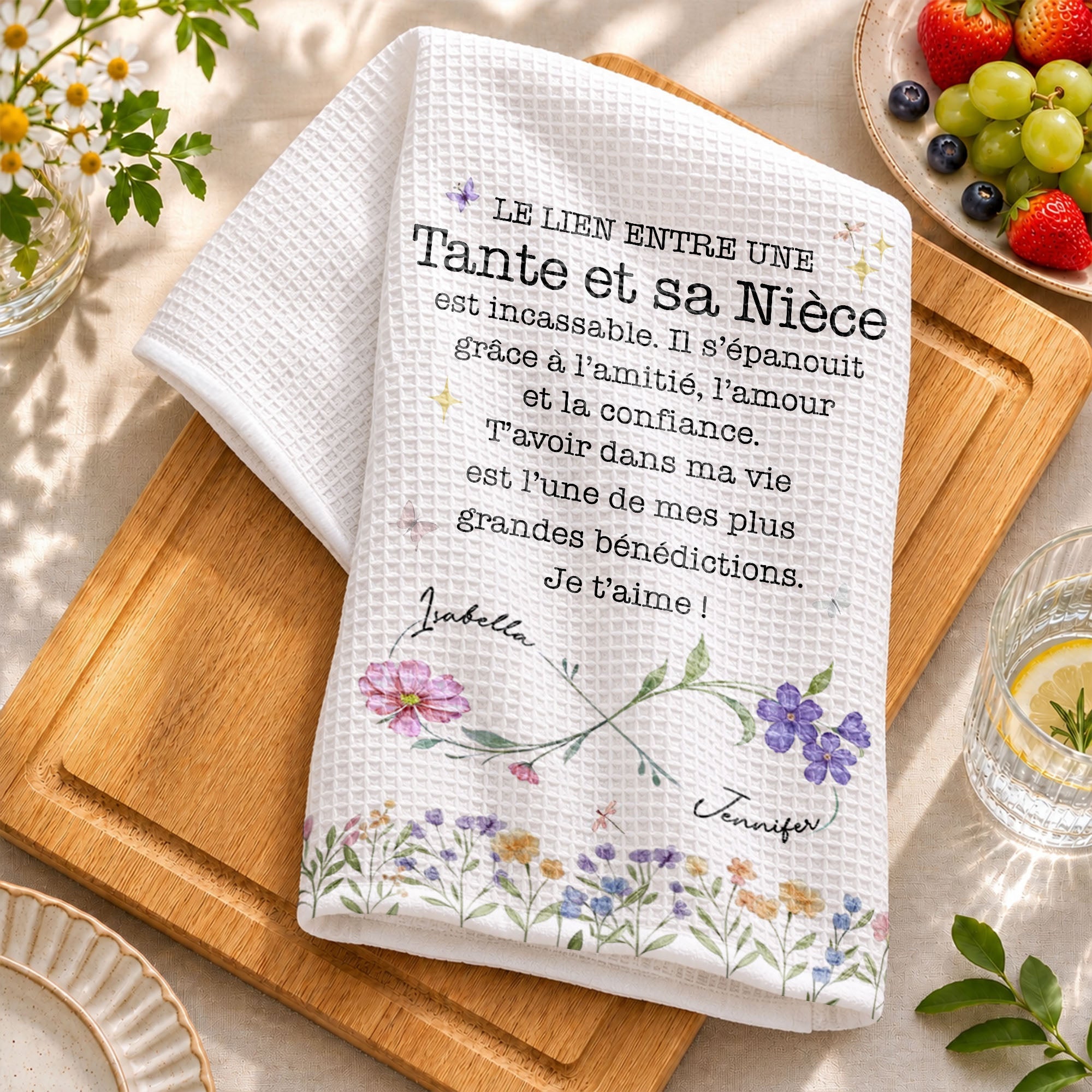 Personalized Kitchen Towel Birth Month Flowers Gift for Niece