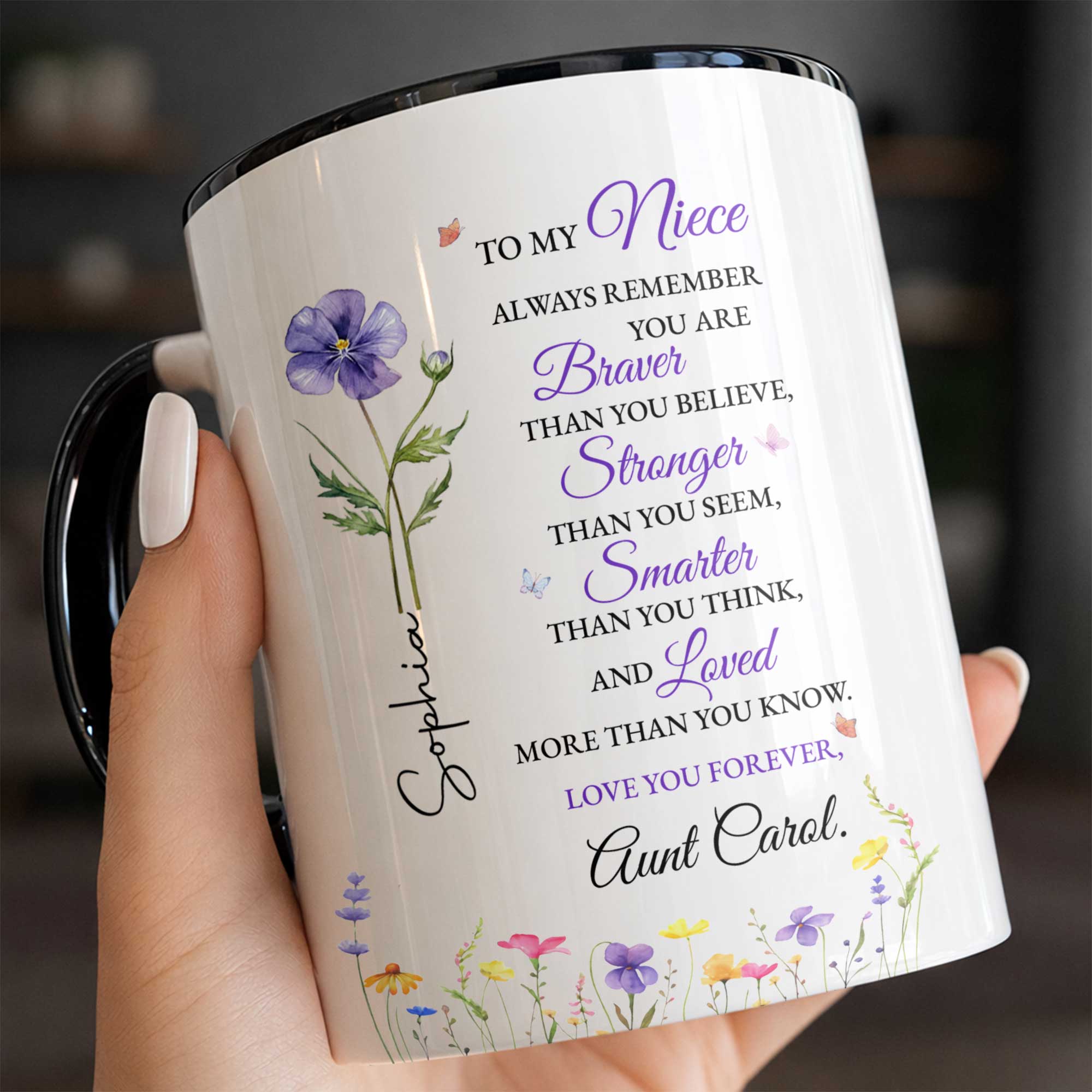 Personalized Custom Accent Mug Birth Month Flower Gift for Niece