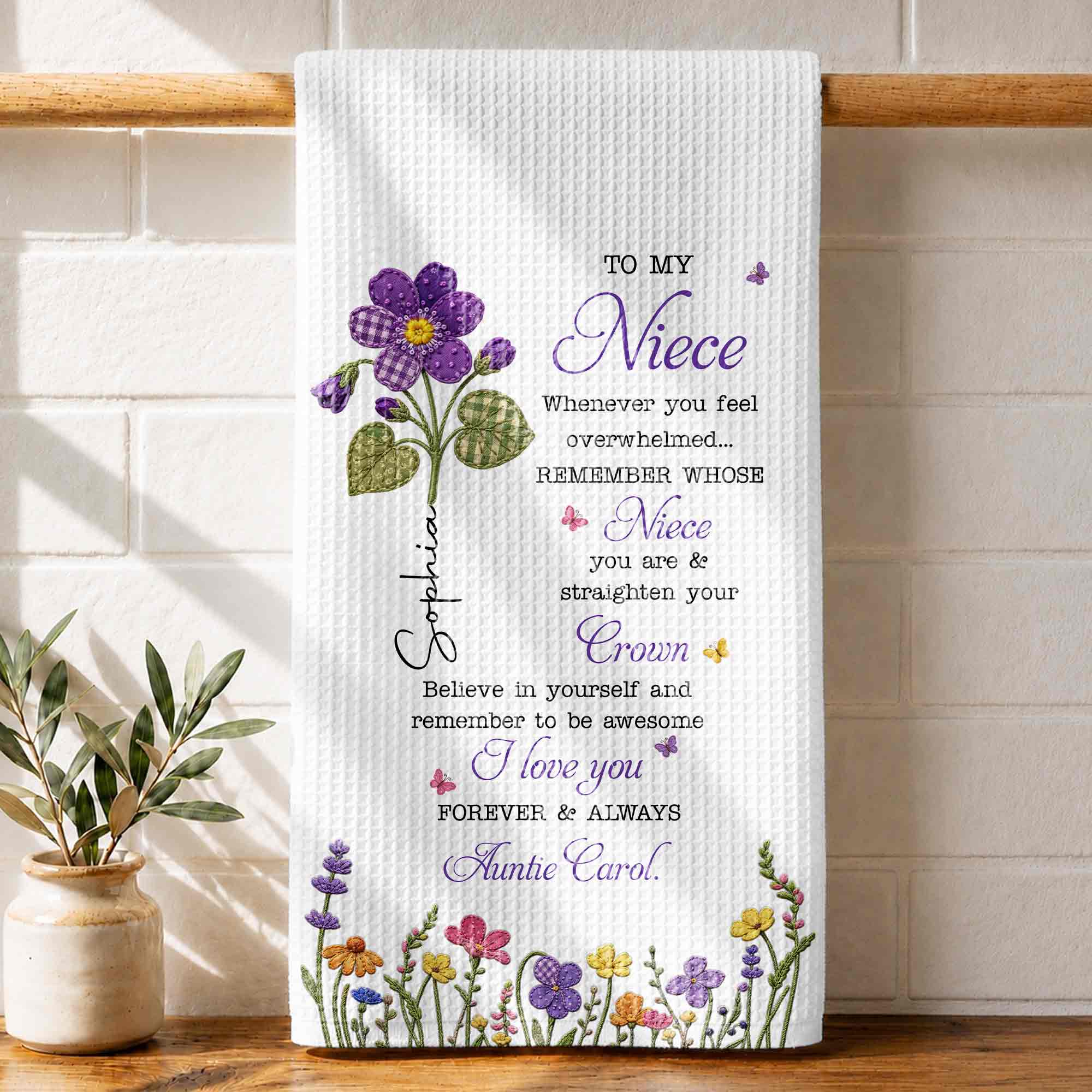Personalized Kitchen Towel Custom Birth Flower Gift for Niece