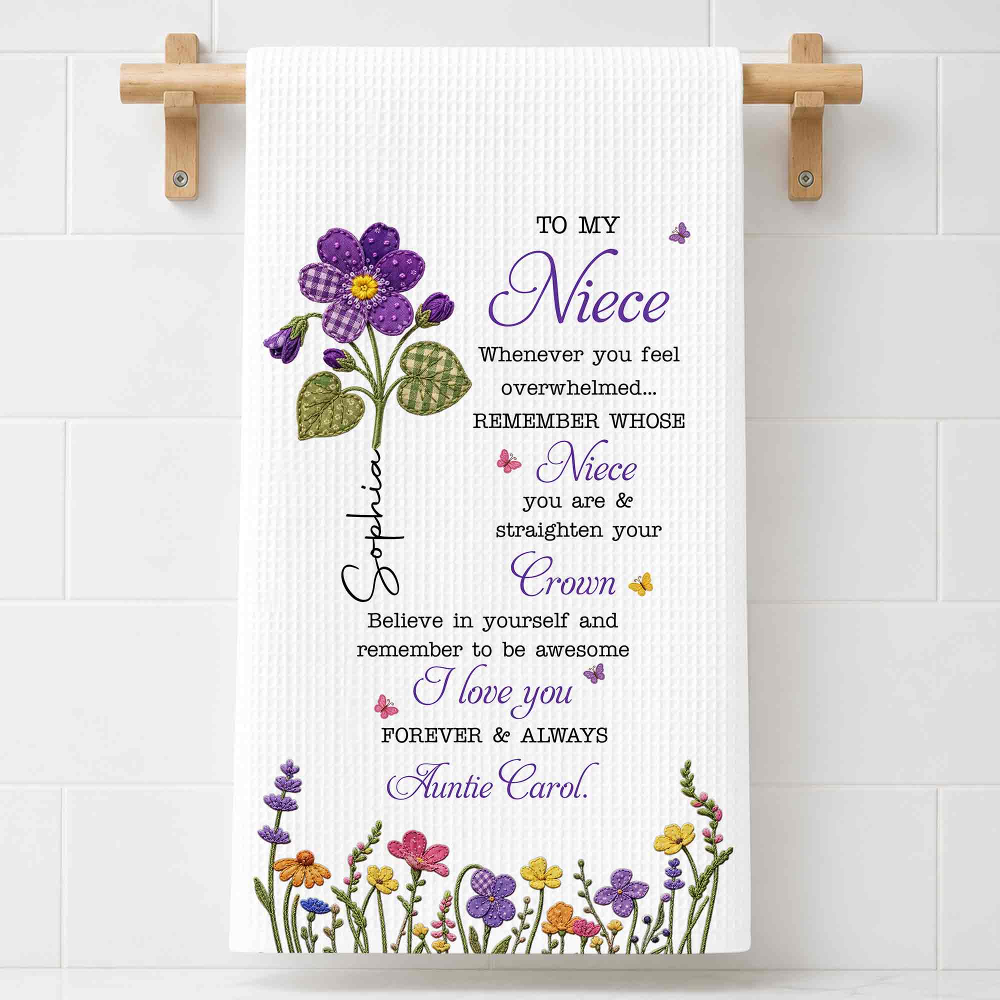 Personalized Kitchen Towel Custom Birth Flower Gift for Niece