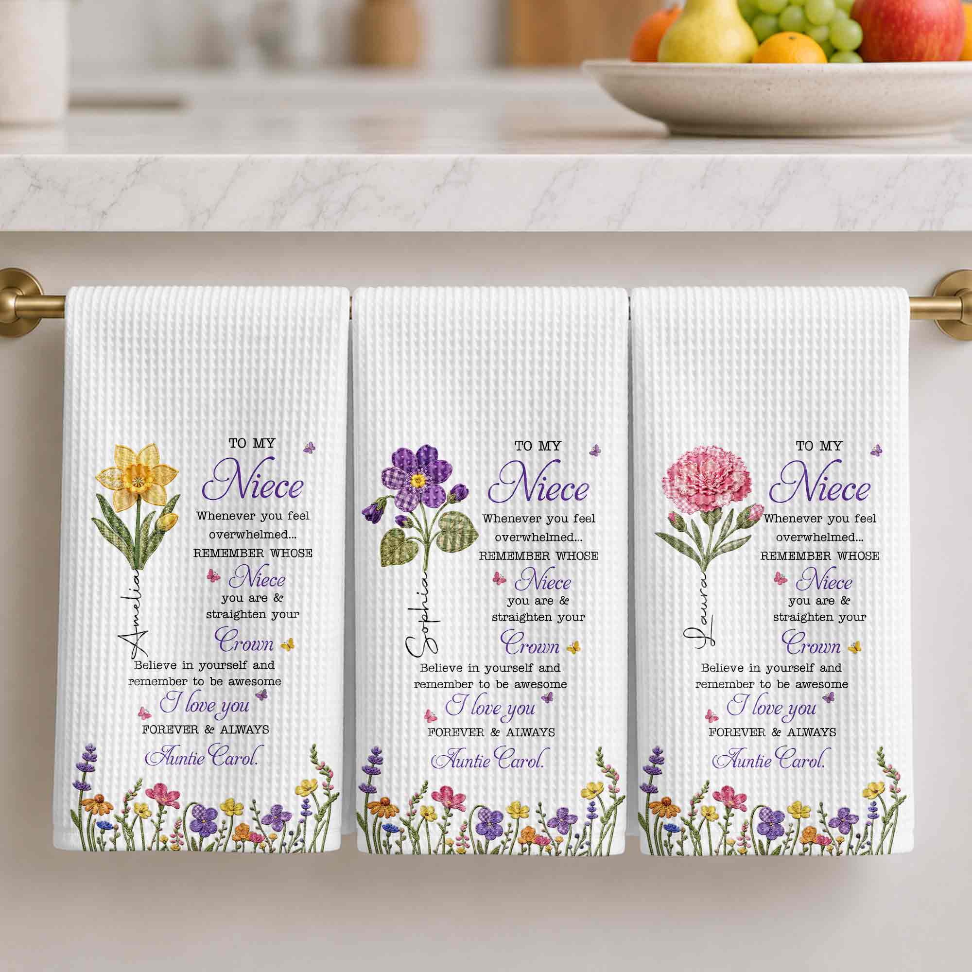 Personalized Kitchen Towel Custom Birth Flower Gift for Niece