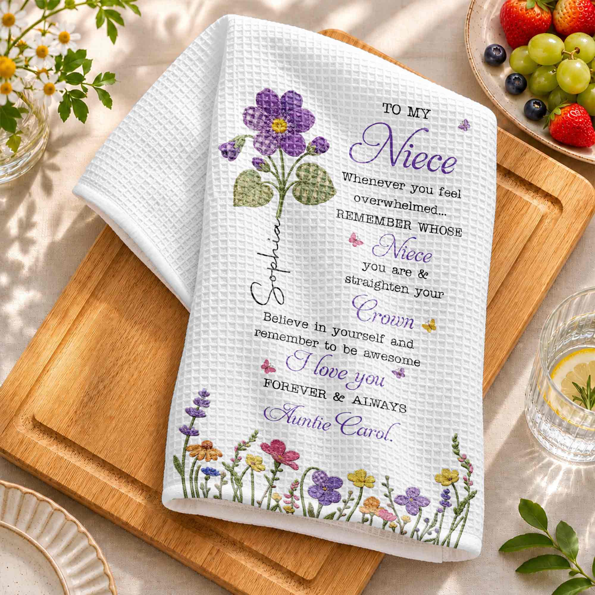 Personalized Kitchen Towel Custom Birth Flower Gift for Niece