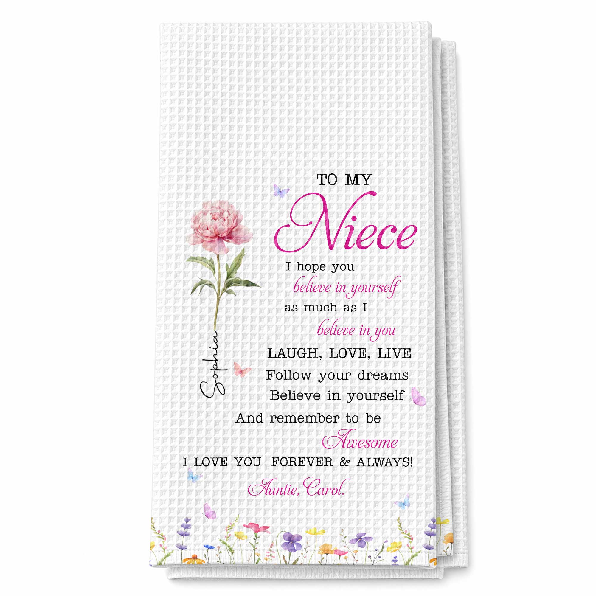 Personalized Kitchen Towel Custom Birth Flower Gift for Niece