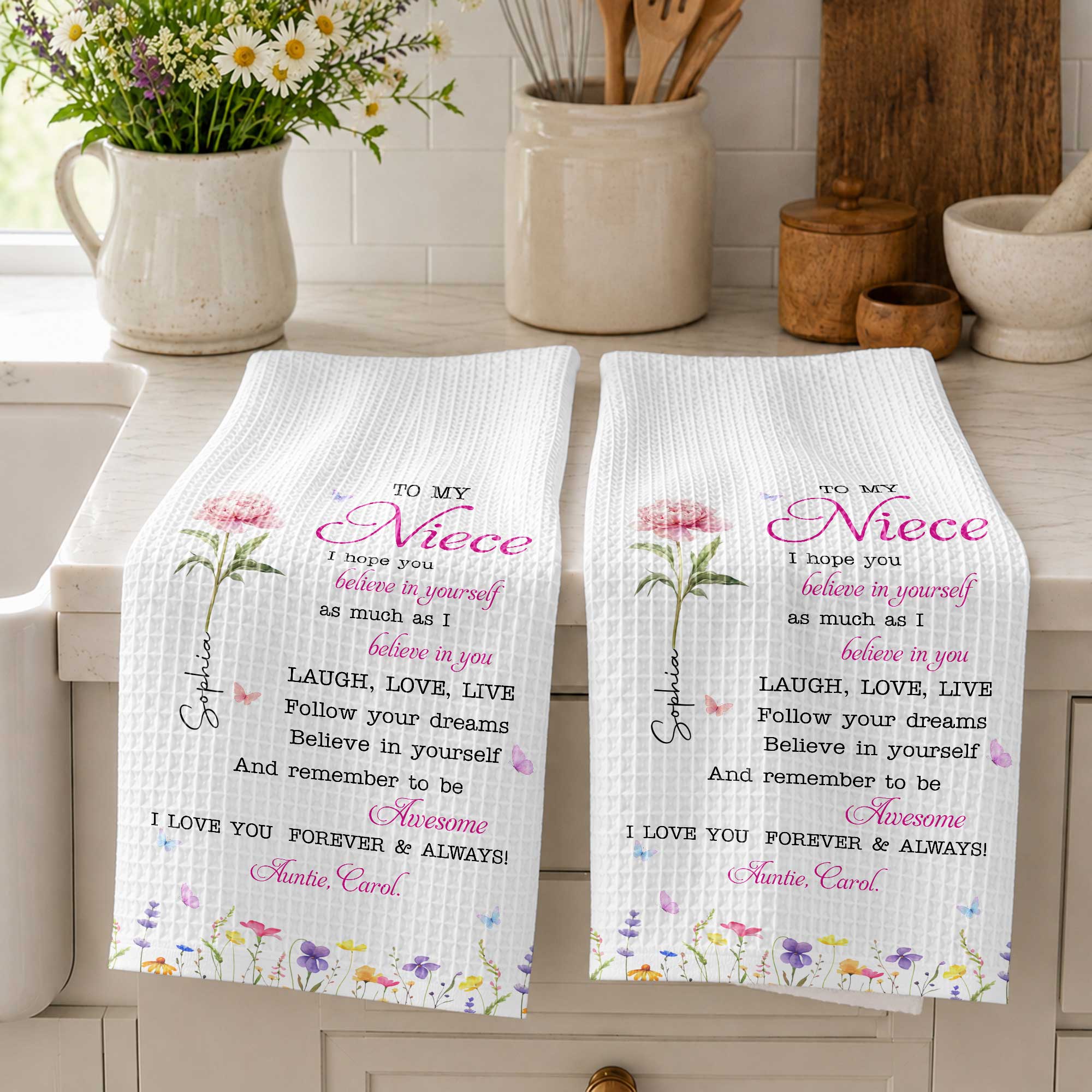 Personalized Kitchen Towel Custom Birth Flower Gift for Niece