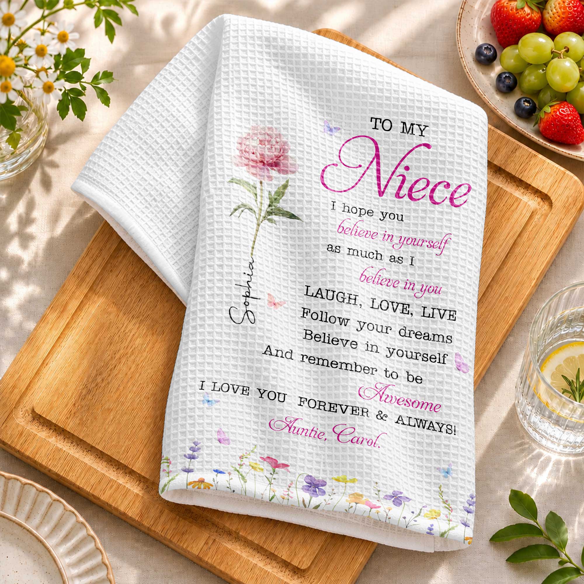 Personalized Kitchen Towel Custom Birth Flower Gift for Niece