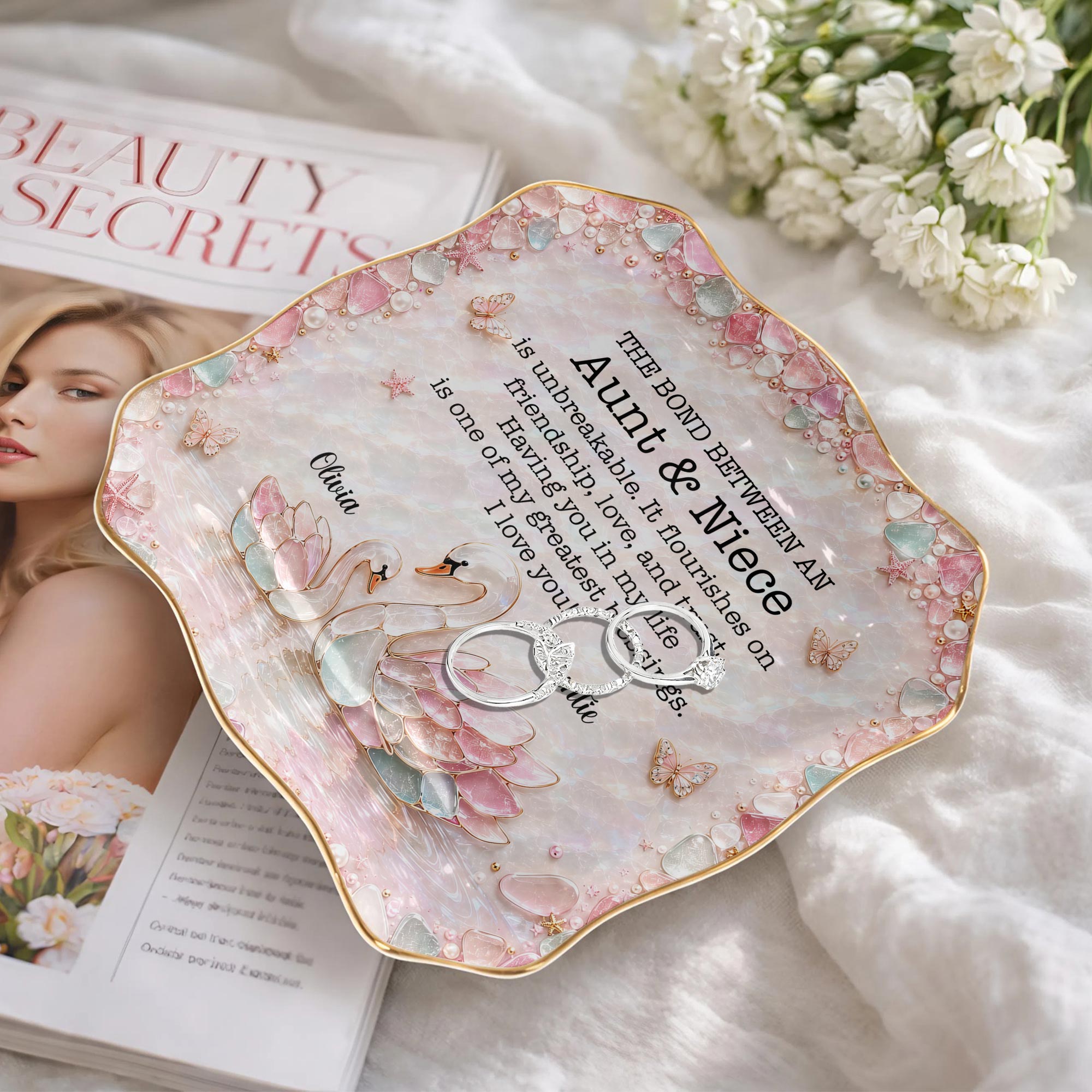 Personalized Ceramic Lace Jewelry Dish Custom Name Gift for Niece