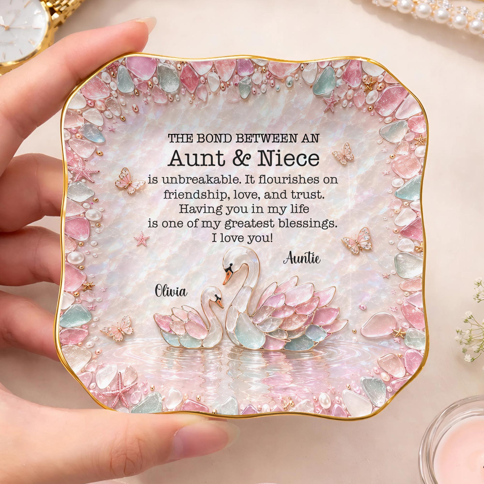 Personalized Ceramic Lace Jewelry Dish Custom Name Gift for Niece