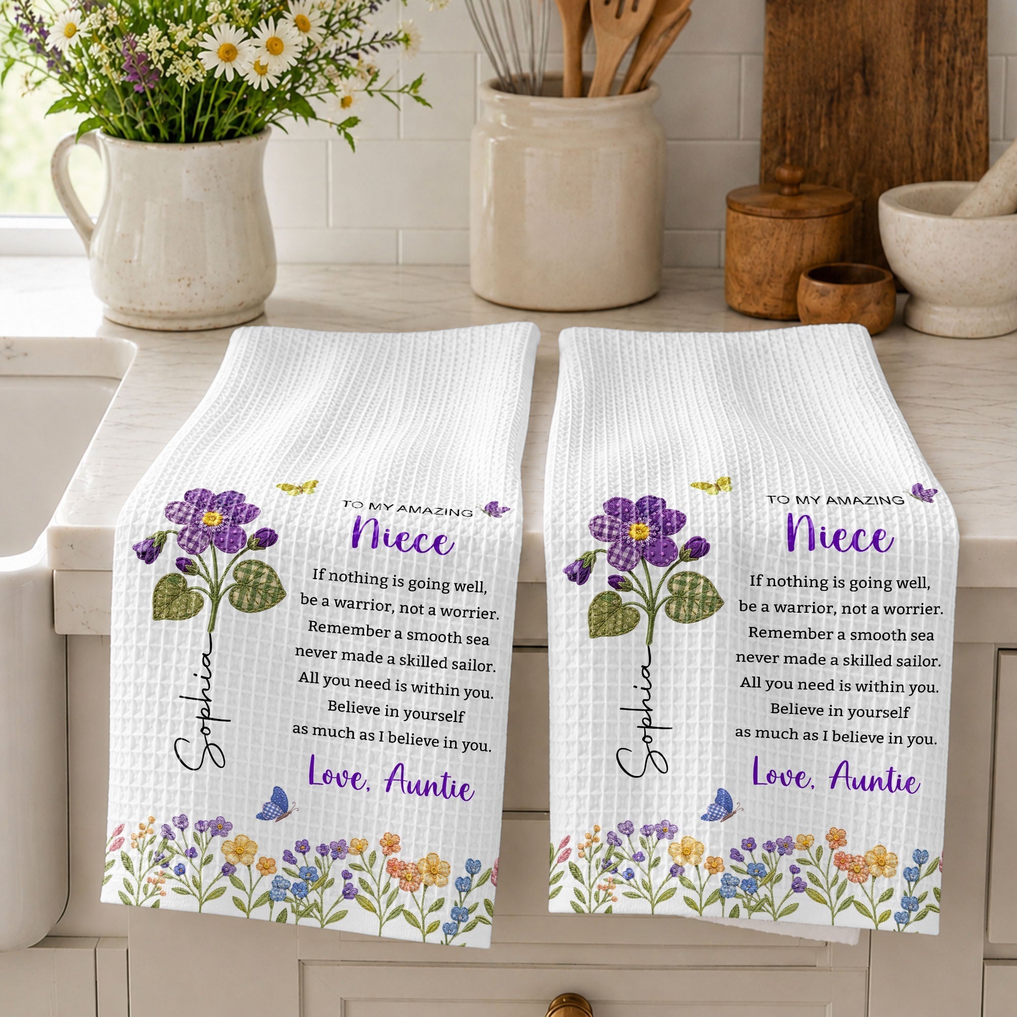 Personalized Kitchen Towel Custom Gift for Niece with Flowers