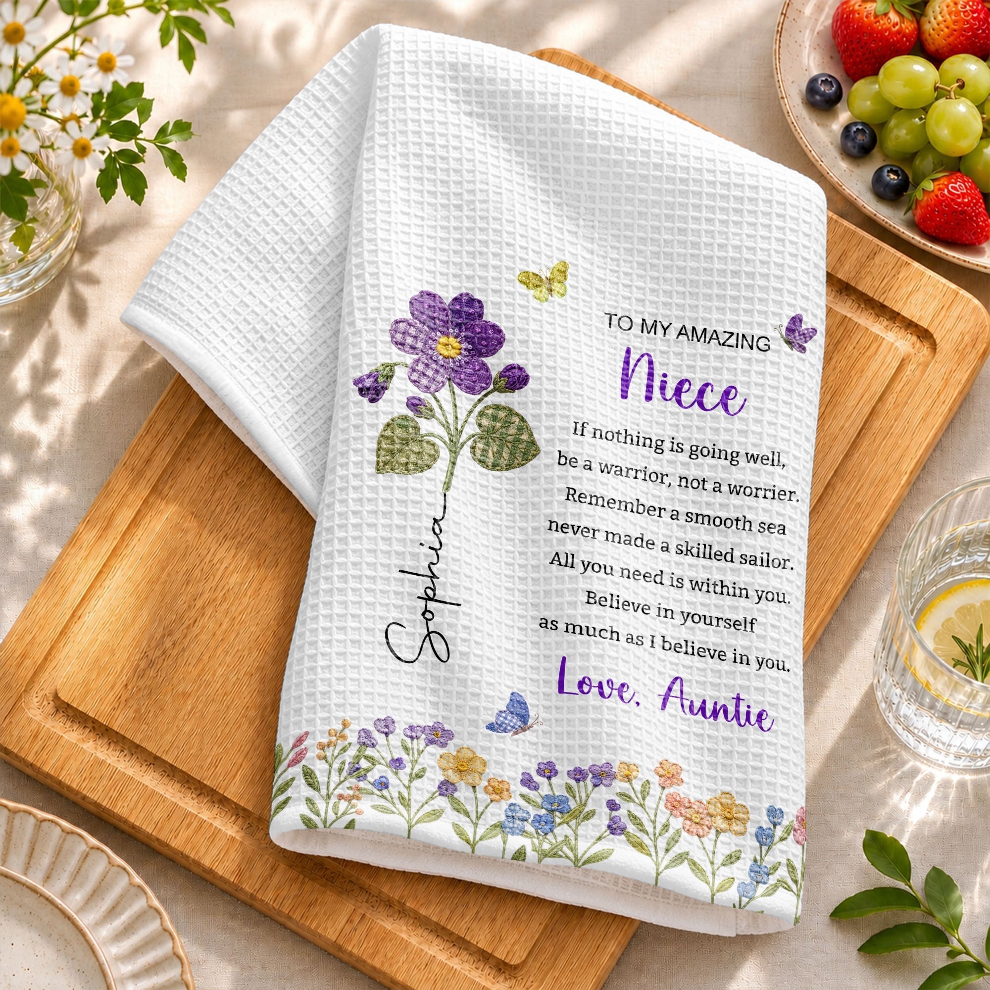 Personalized Kitchen Towel Custom Gift for Niece with Flowers