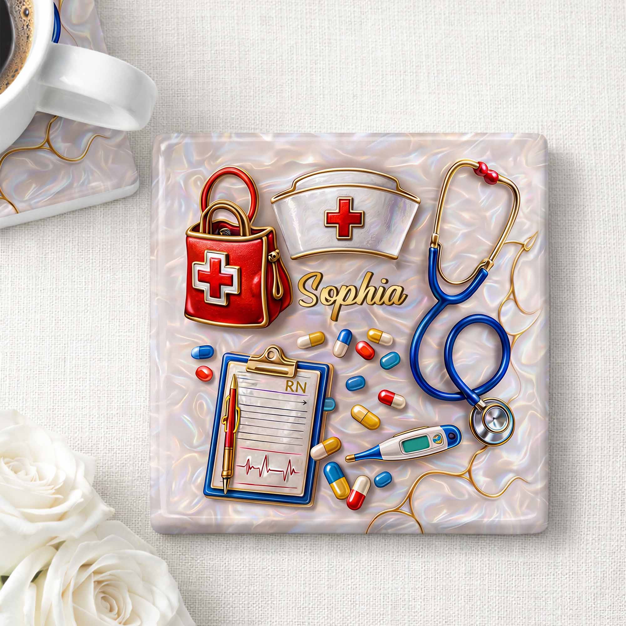 Personalized RN Medical Tools Coaster Custom Name Gift for Nurses