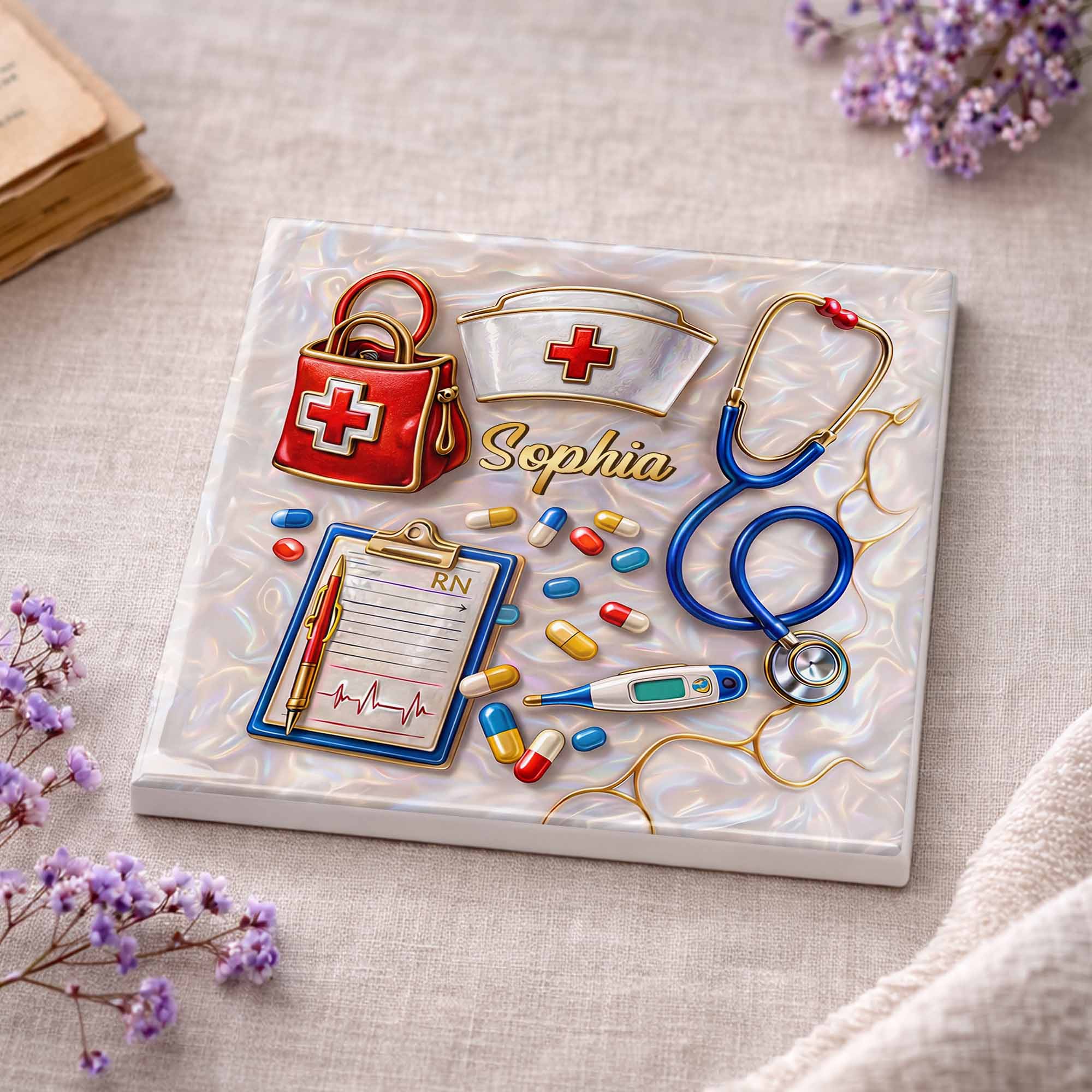 Personalized RN Medical Tools Coaster Custom Name Gift for Nurses