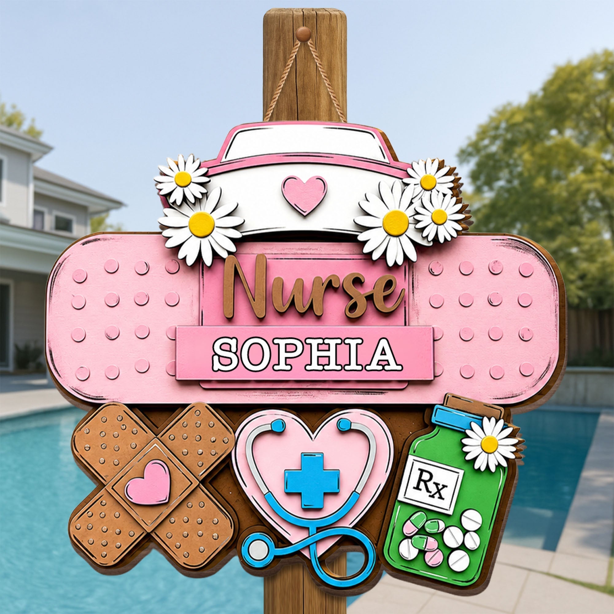Personalized Nurse Sign Custom Name Daisy Flowers Wood Gift