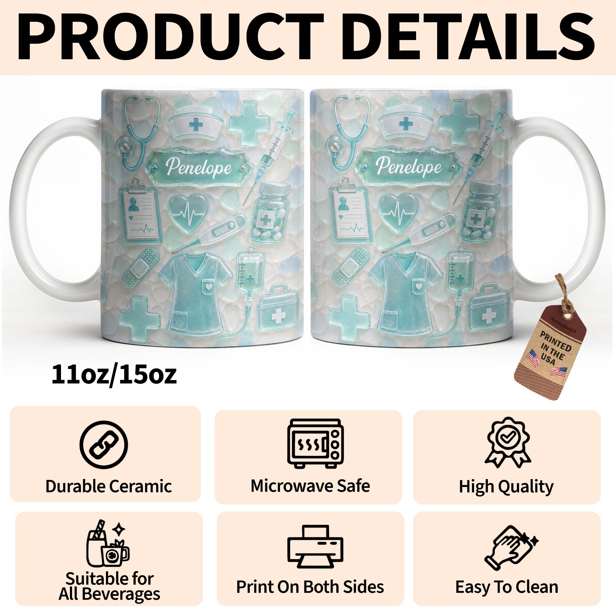 Personalized Nurse Coffee Mug with 3D Sea Glass Design Gift