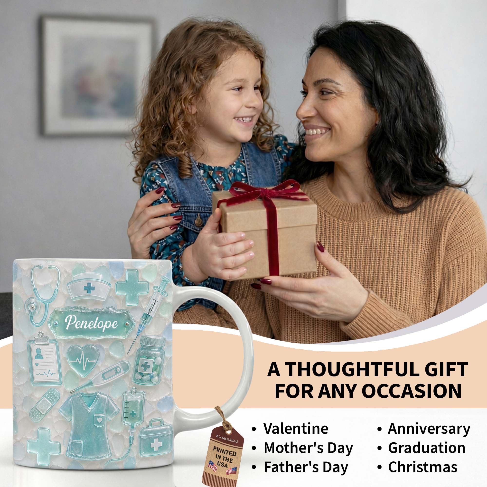 Personalized Nurse Coffee Mug with 3D Sea Glass Design Gift