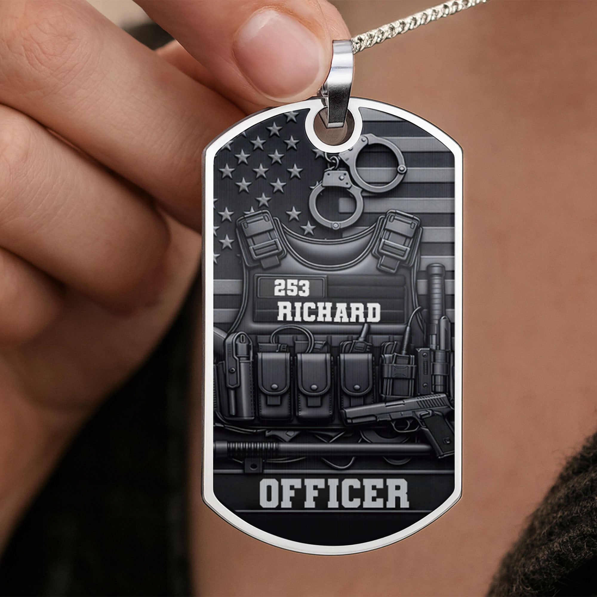 Personalized Stainless Steel Dog Tag Necklace Custom Name for Dad Officer Gift