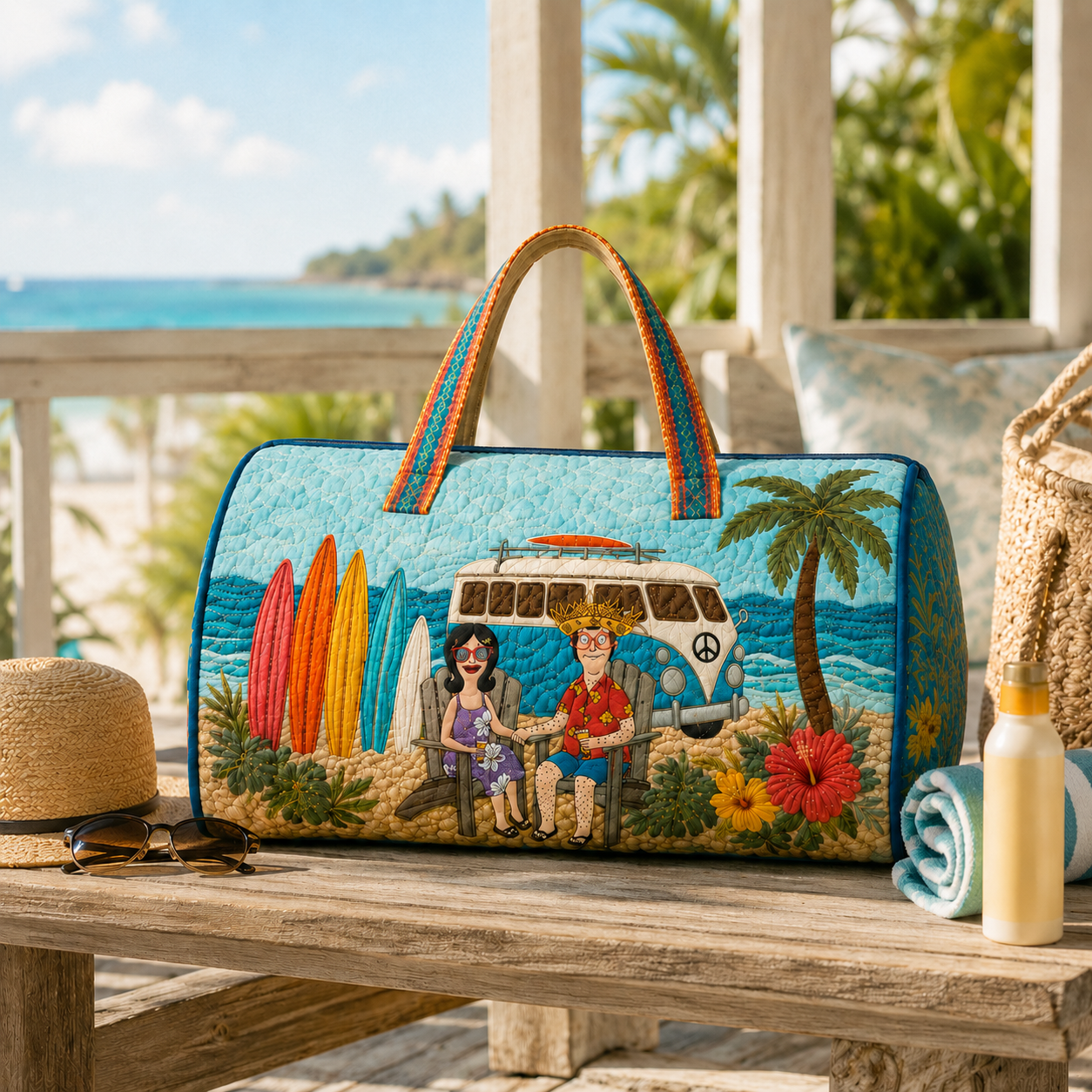 Personalized Quilted Beach Duffle Bag for Couples - Tropical Travel Gift
