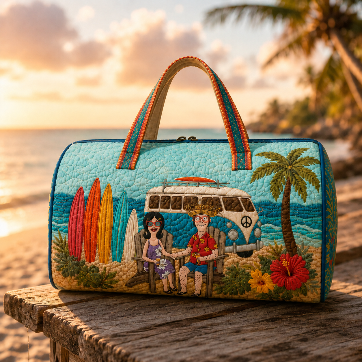 Personalized Quilted Beach Duffle Bag for Couples - Tropical Travel Gift