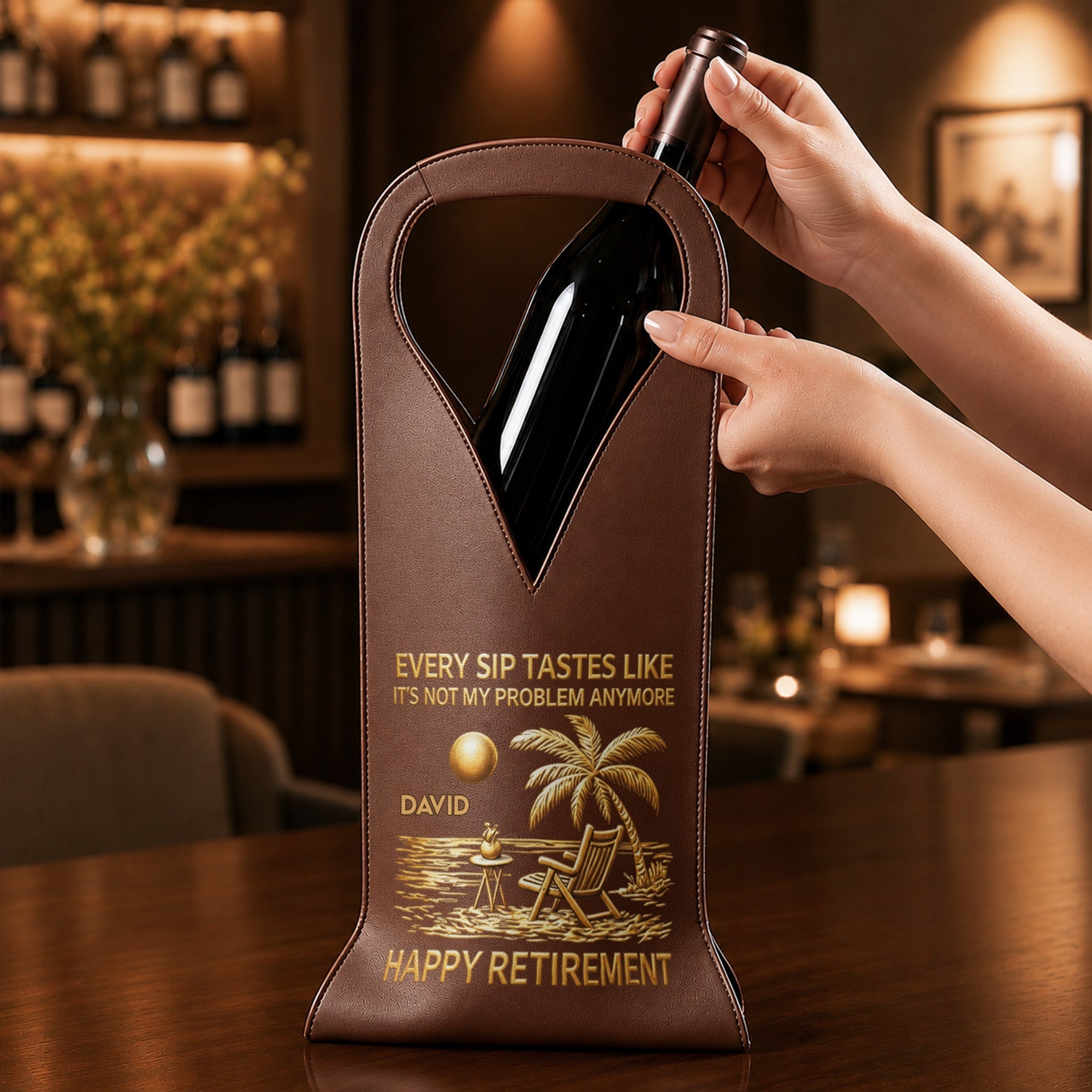 Personalized Leather Wine Bag Custom Name Beach Gift for Retirement