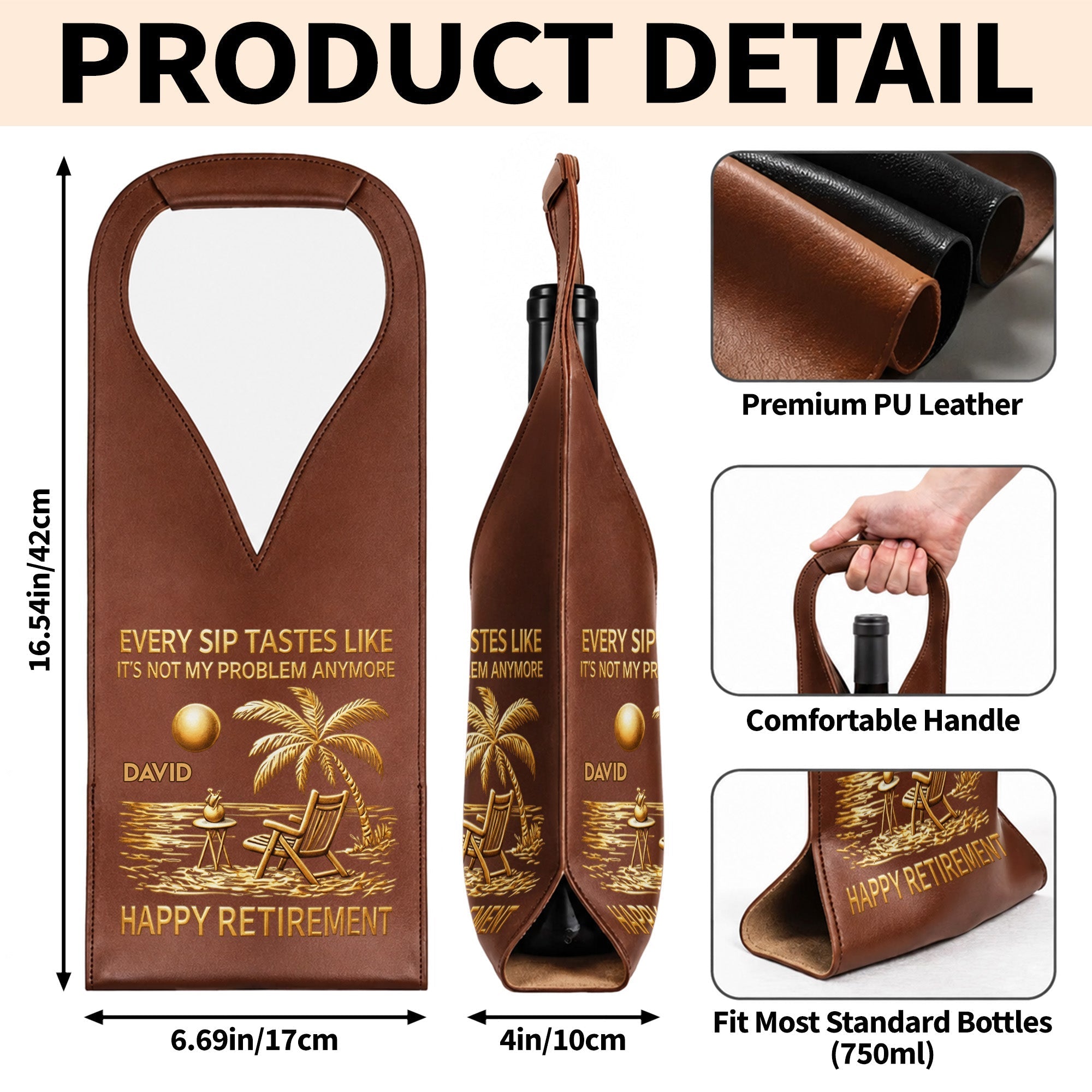 Personalized Leather Wine Bag Custom Name Beach Gift for Retirement