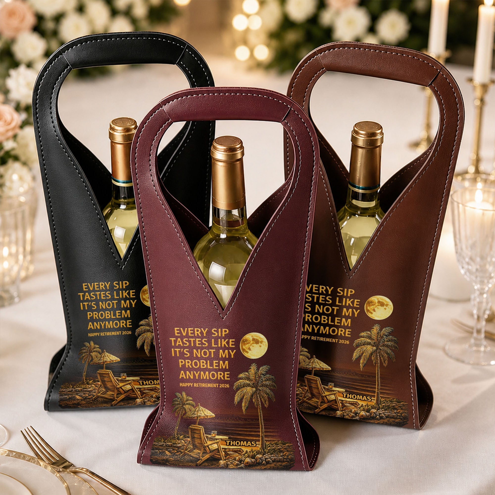 Personalized Leather Wine Bag Custom Name Gift for Retirement