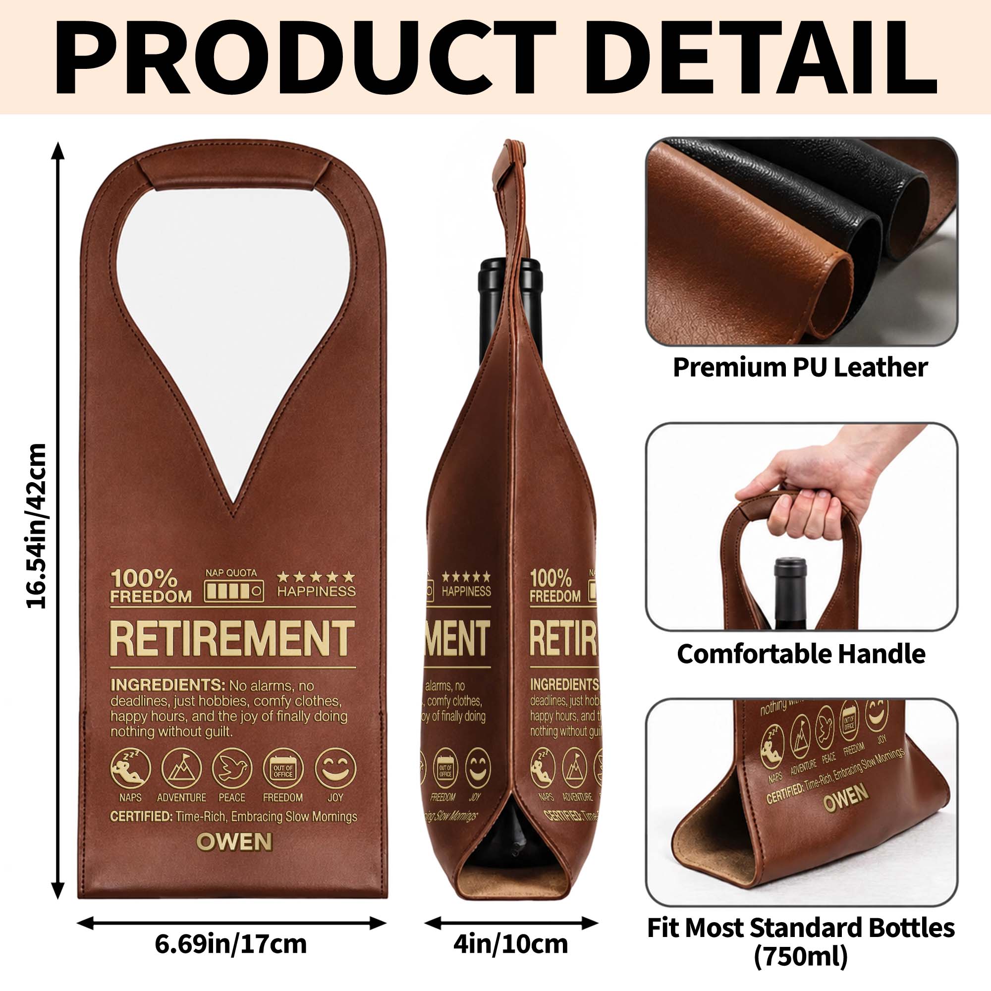 Personalized Leather Wine Bag Custom Name Gift for Retirement