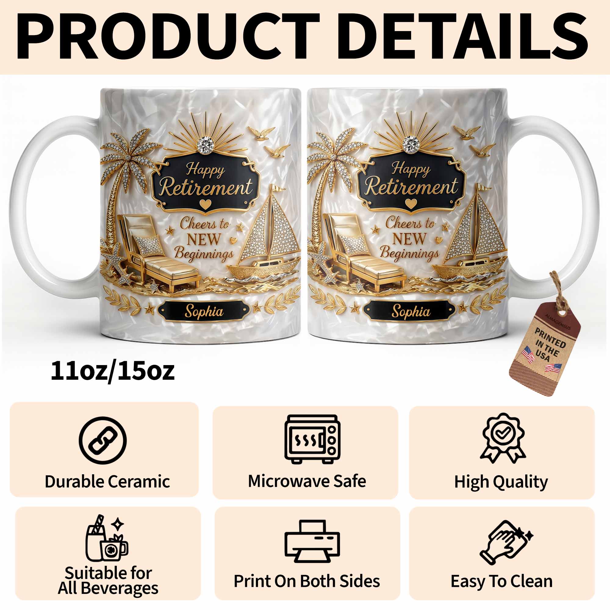 Personalized Coffee Mug Custom Palm Tree & Sailboat Retirement Gift