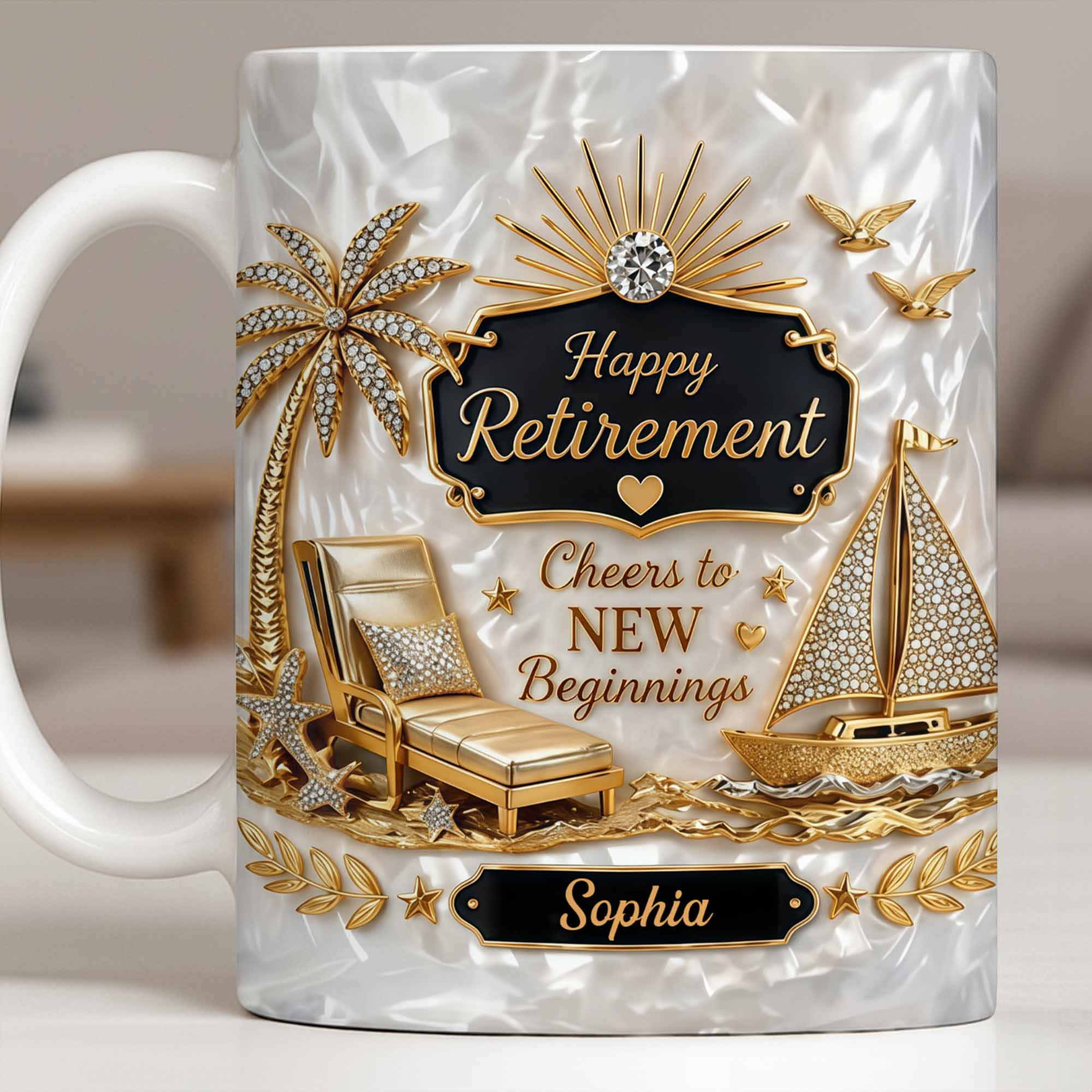 Personalized Coffee Mug Custom Palm Tree & Sailboat Retirement Gift