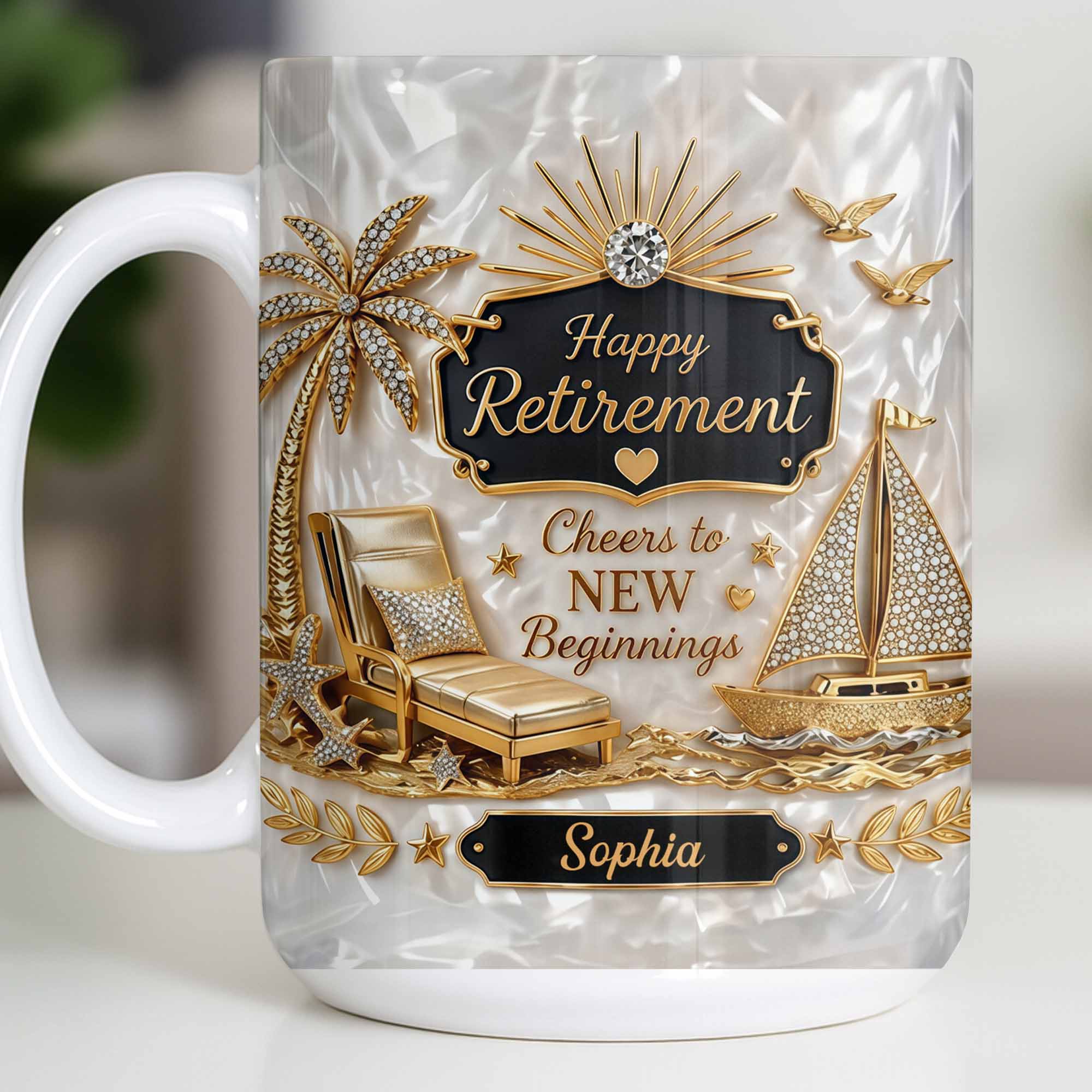 Personalized Coffee Mug Custom Palm Tree & Sailboat Retirement Gift