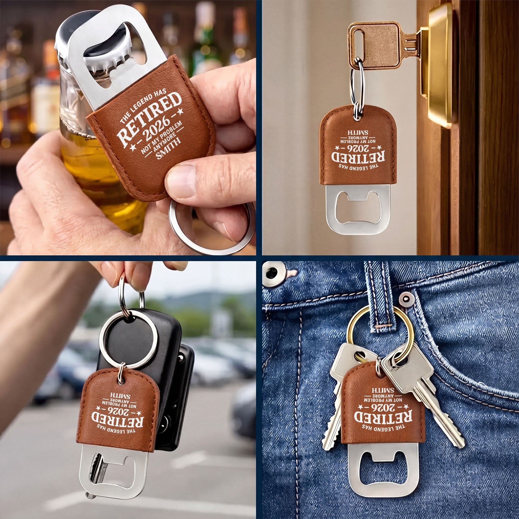 Personalized Leather Bottle Opener Keychain Custom Gift for Dad